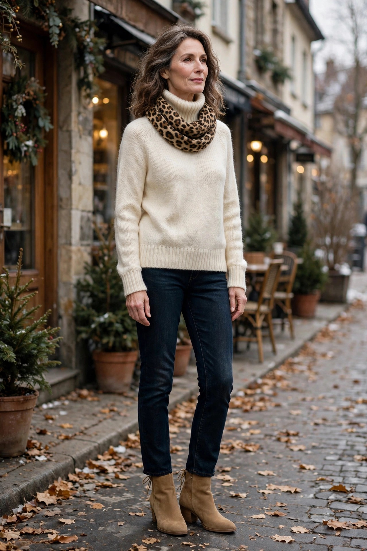 Mature woman wearing a cream turtleneck with a leopard-print snood scarf