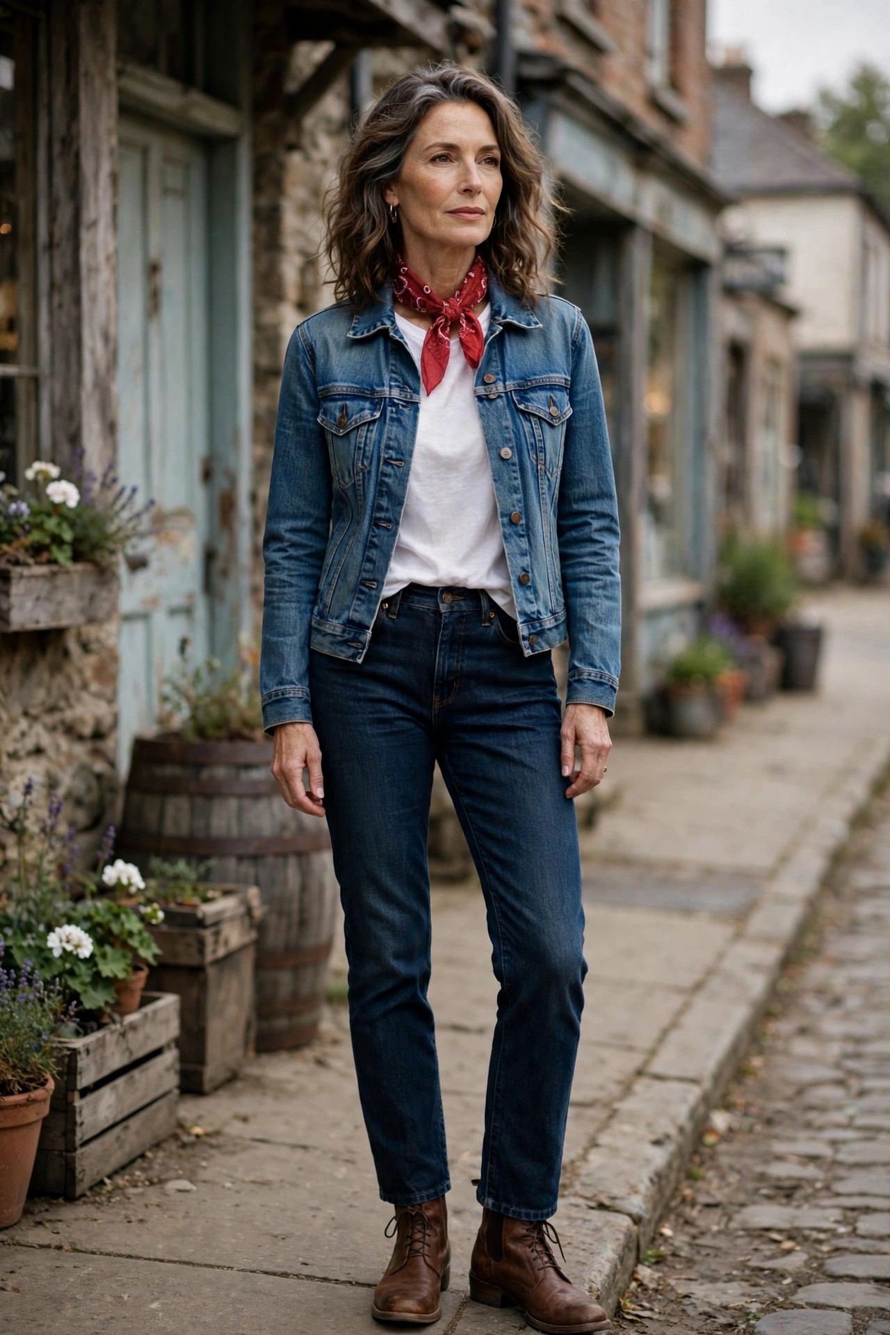 Mature woman in a denim jacket with a red cotton bandana knotted at the neck