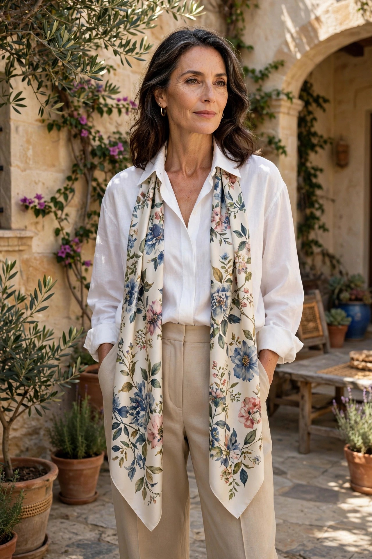 Elegant woman in a white shirt with a long floral silk oblong scarf draped open