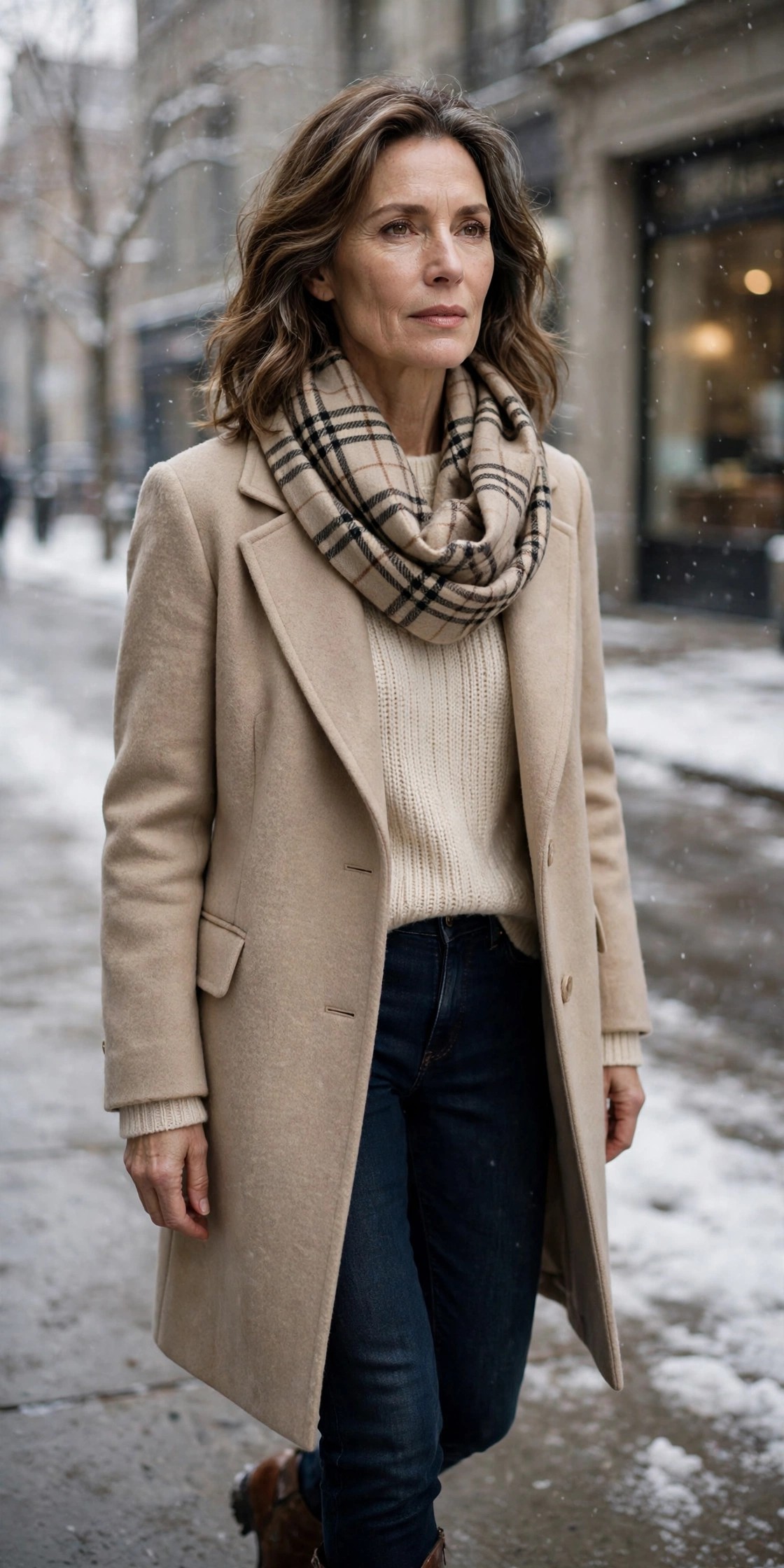 Woman over 50 in a beige wool coat with a large plaid blanket scarf