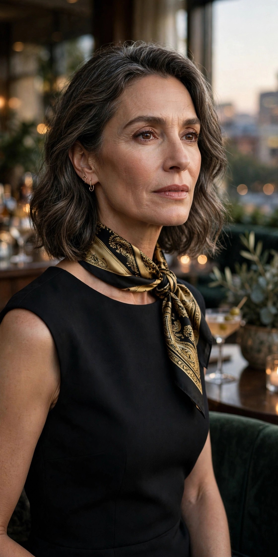 Elegant woman in a black shift dress with a gold-print silk square at the neck