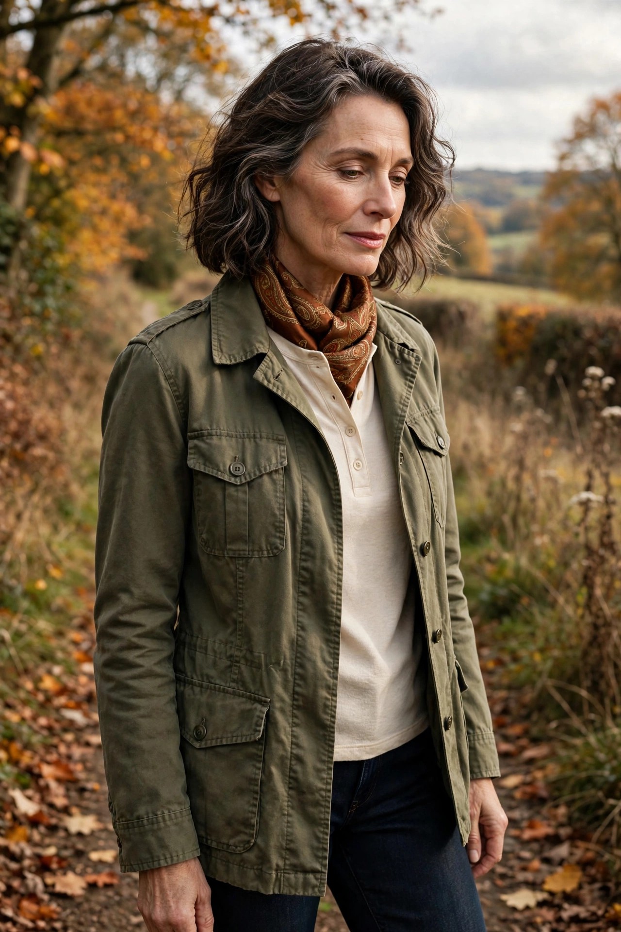 Woman in her 50s in an olive field jacket with a rust paisley scarf at the collar