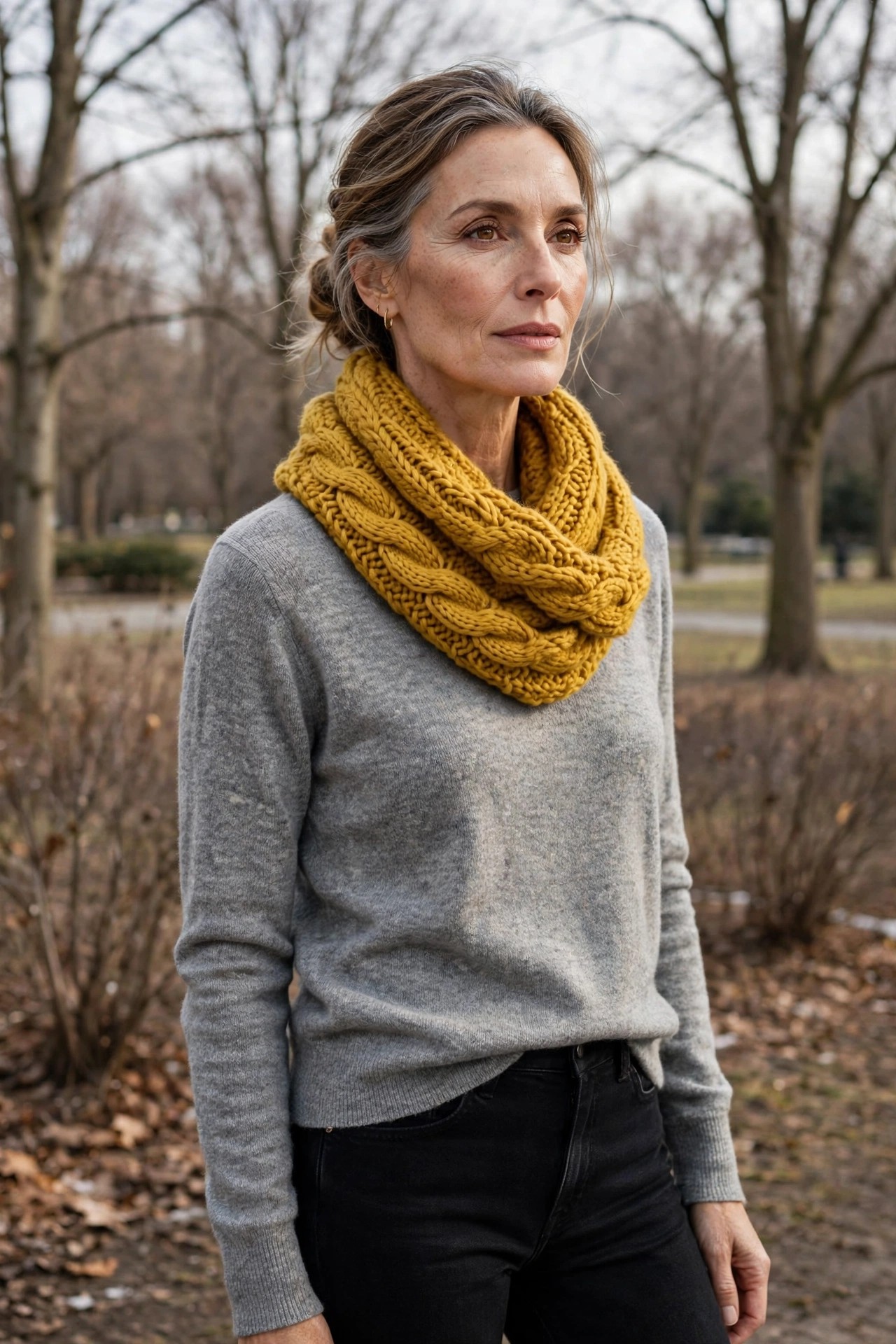 Mature woman wearing a gray sweater with a chunky mustard knit scarf