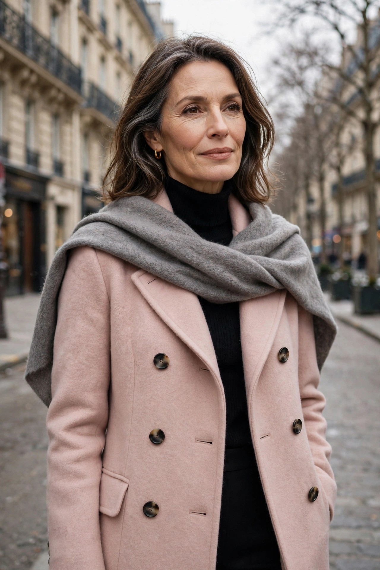 Elegant woman in a blush pink coat with a gray cashmere wrap over the shoulders