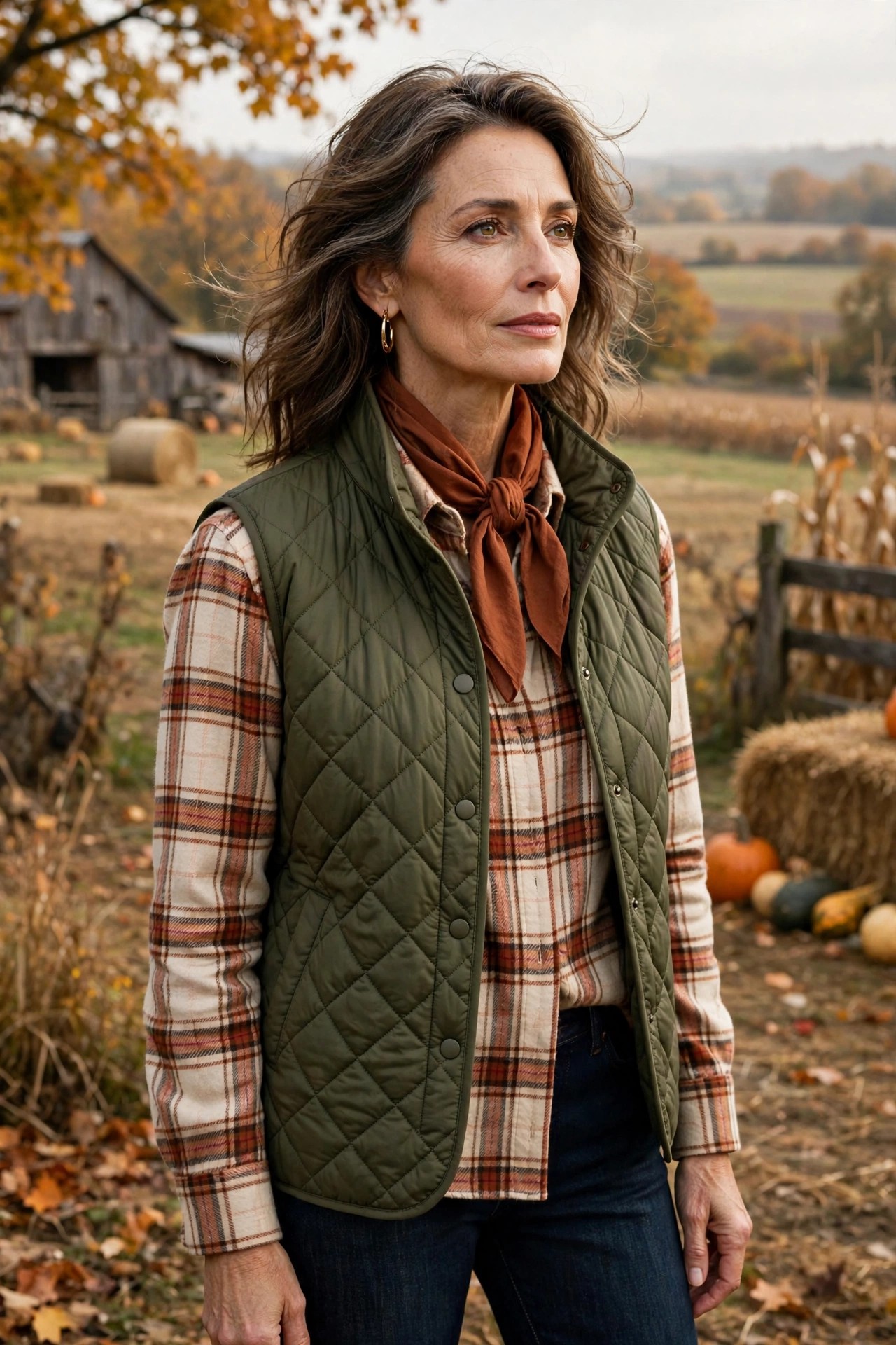 Elegant woman in an olive quilted vest with a rust cotton bandana