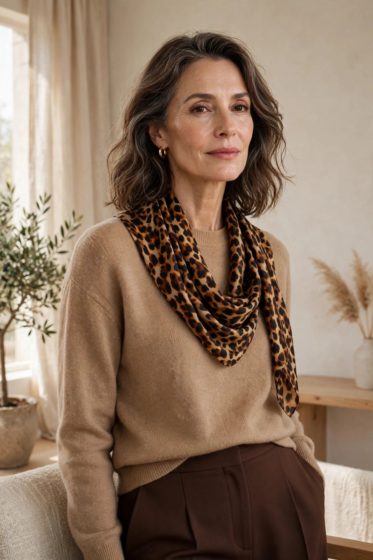 Mature woman in a camel sweater with a tortoise-print silk scarf draped