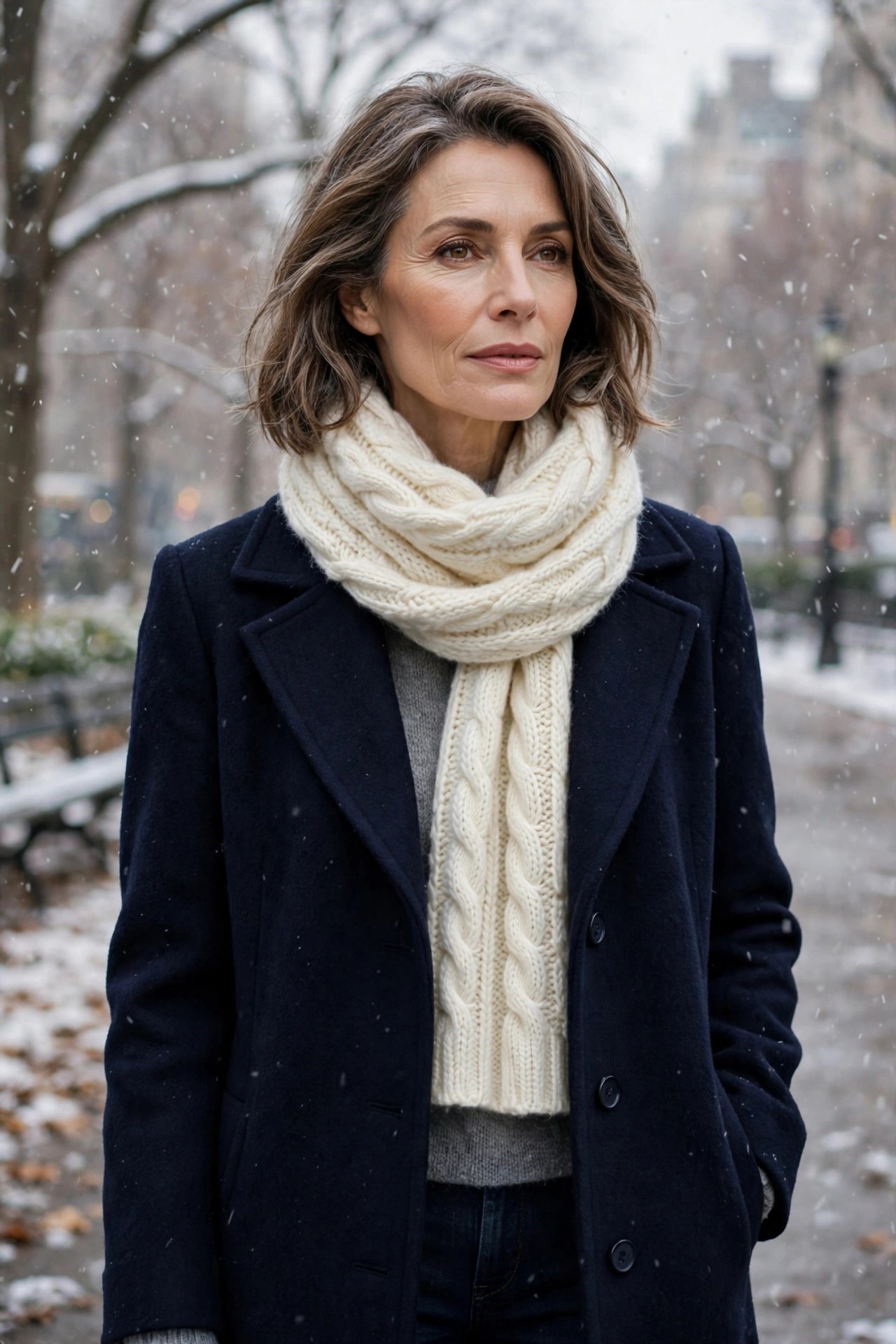 Elegant woman in a navy wool coat with an ivory chunky knit scarf