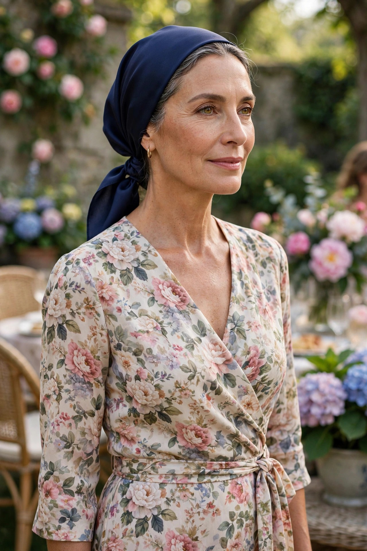 Woman over 50 in a floral midi dress with a solid navy silk headscarf