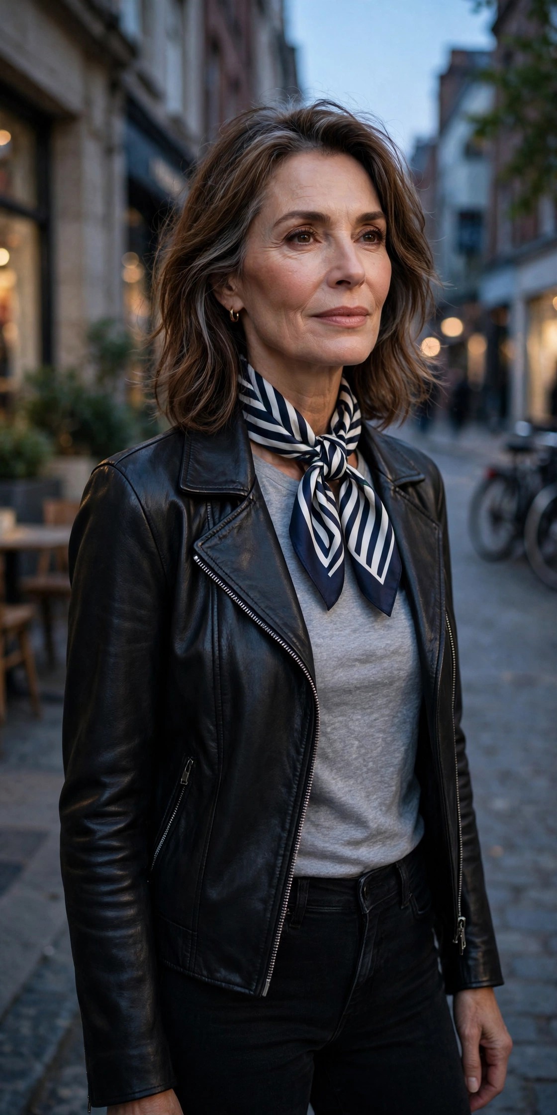 Mature woman in a black moto jacket with a striped silk scarf at the neck