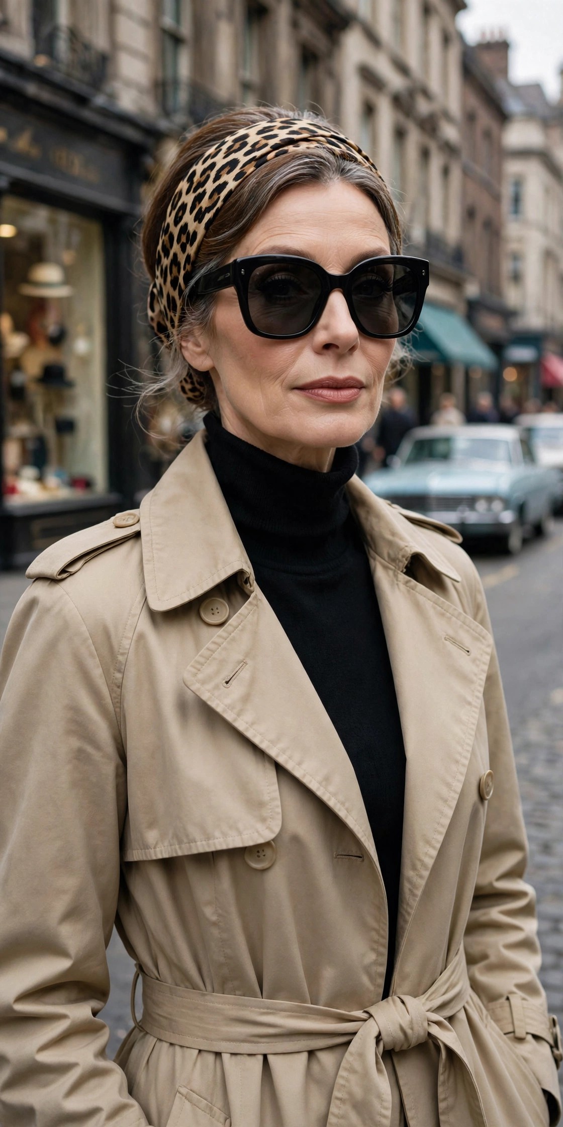 Elegant woman in a beige trench with a leopard-print silk headscarf
