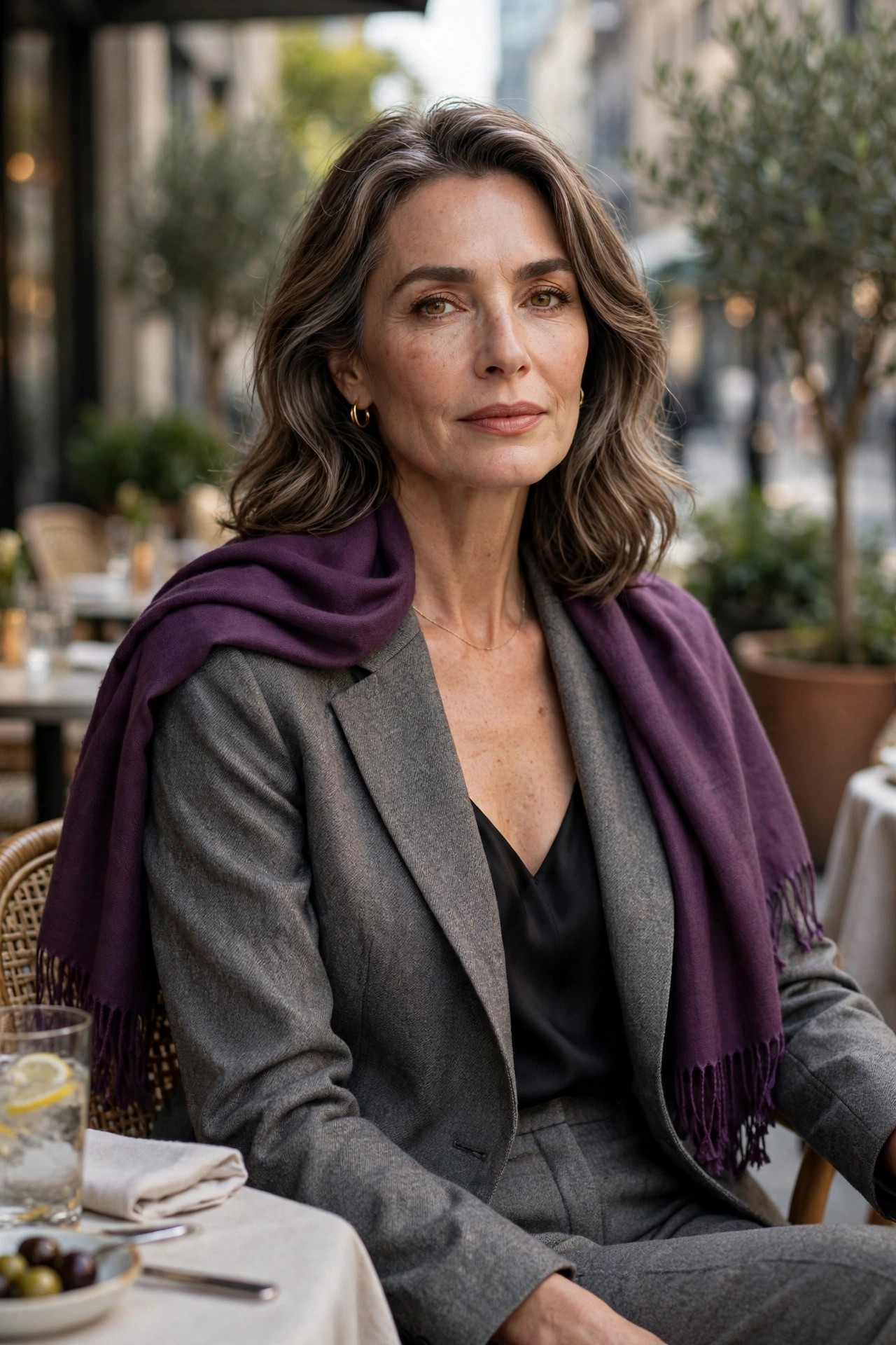 Woman over 50 in a gray blazer with a plum pashmina over the shoulders