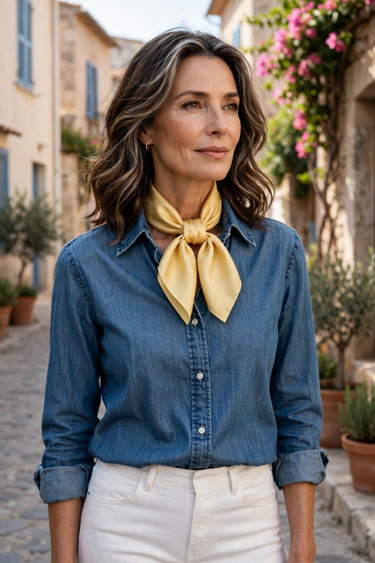 Mature woman in a chambray shirt with a butter-yellow silk square scarf
