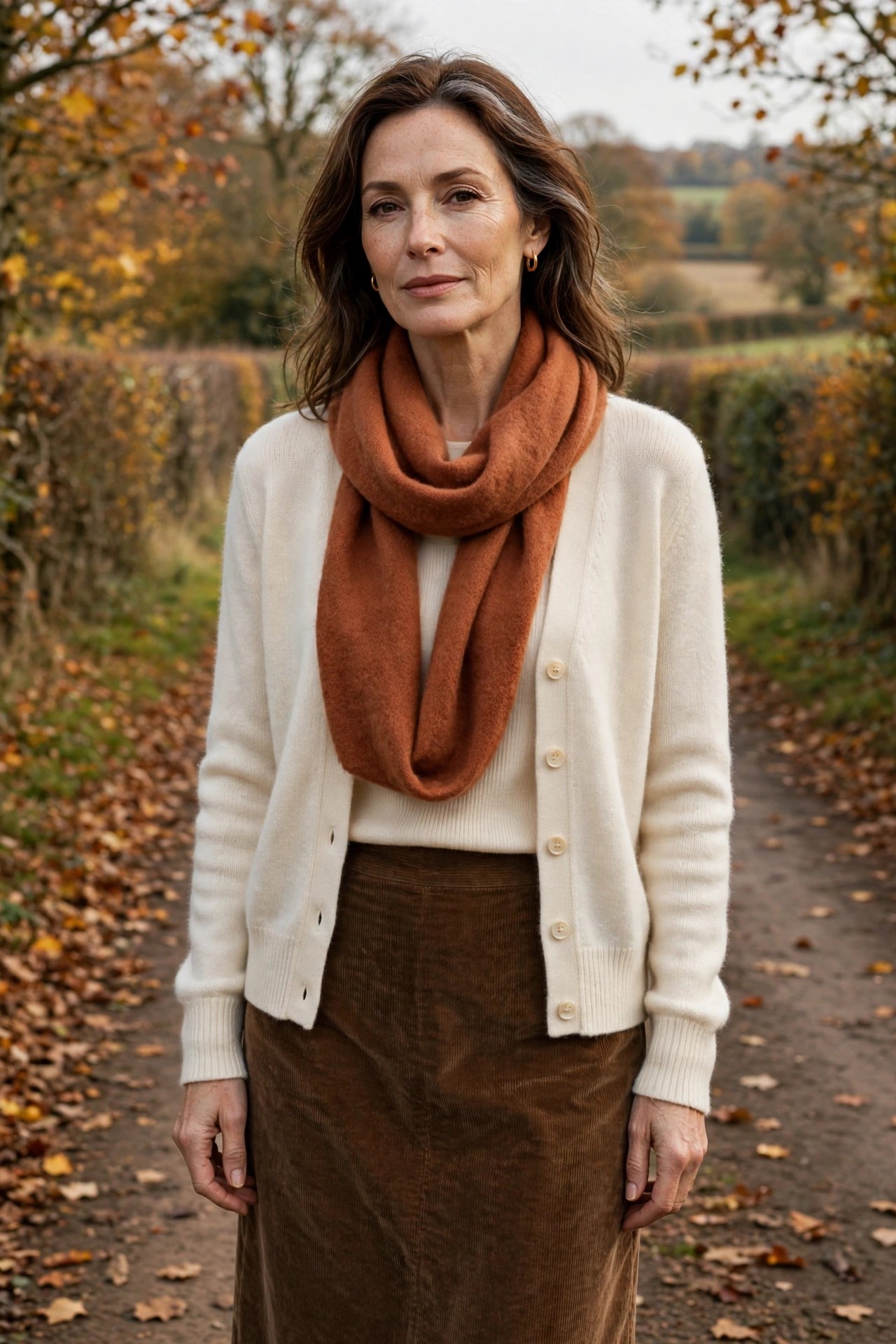 Elegant woman in a cream cardigan with a terracotta wool scarf
