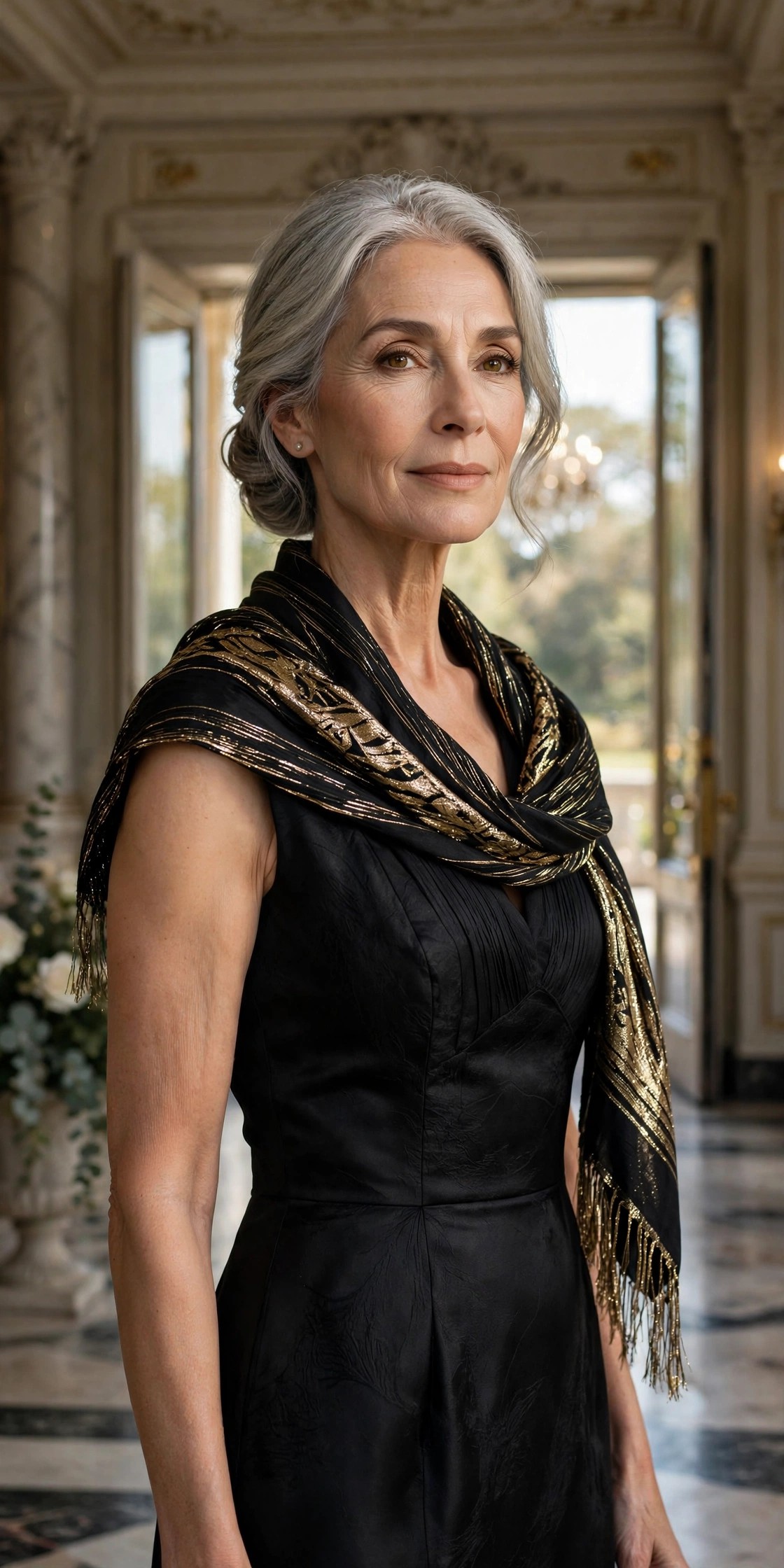 Woman in her 60s in a black evening dress with a metallic-thread scarf
