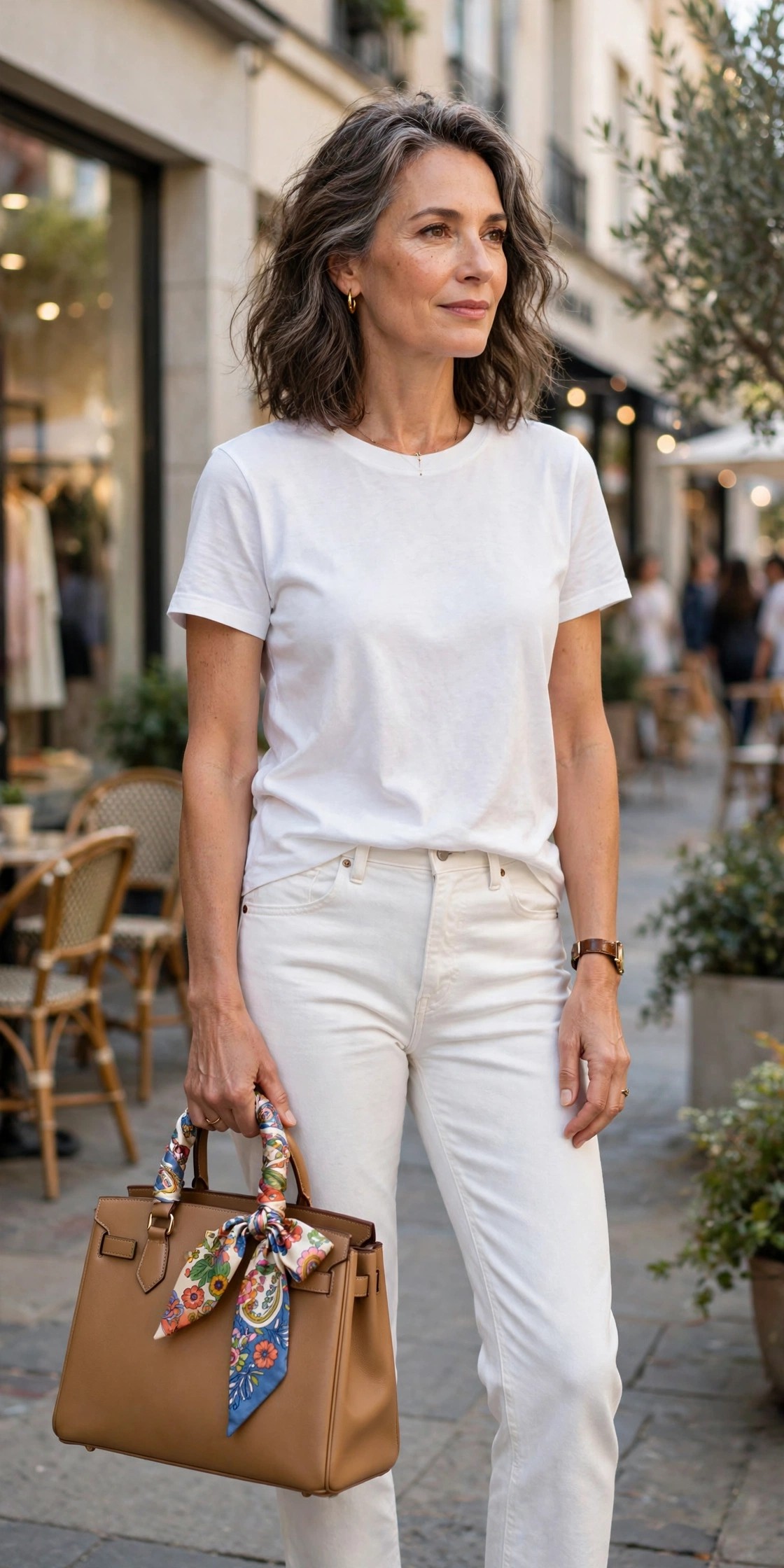 Mature woman in white jeans with a colorful silk twilly tied on her handbag