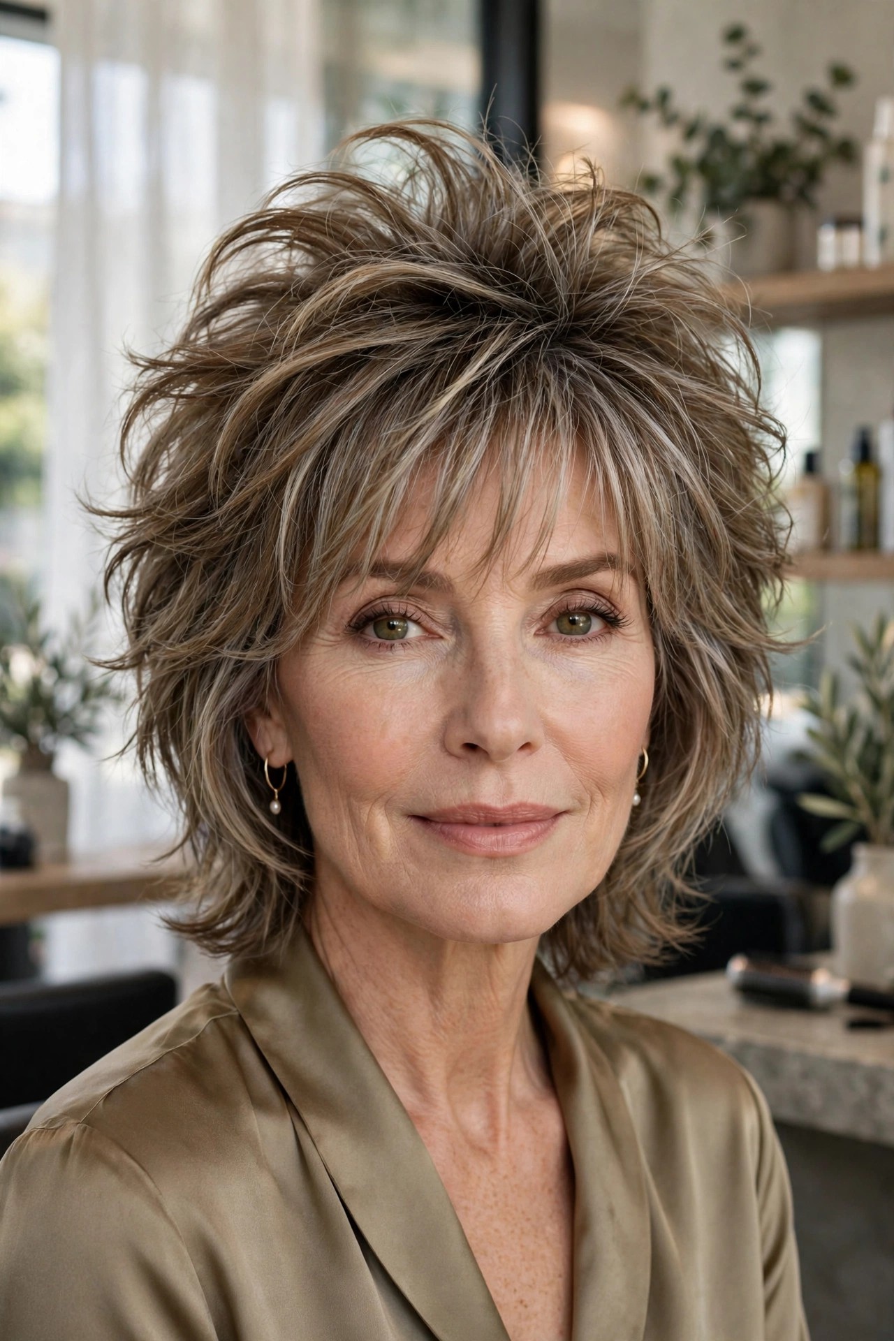 Woman over 50 with a lifting crown shag haircut and wispy bangs