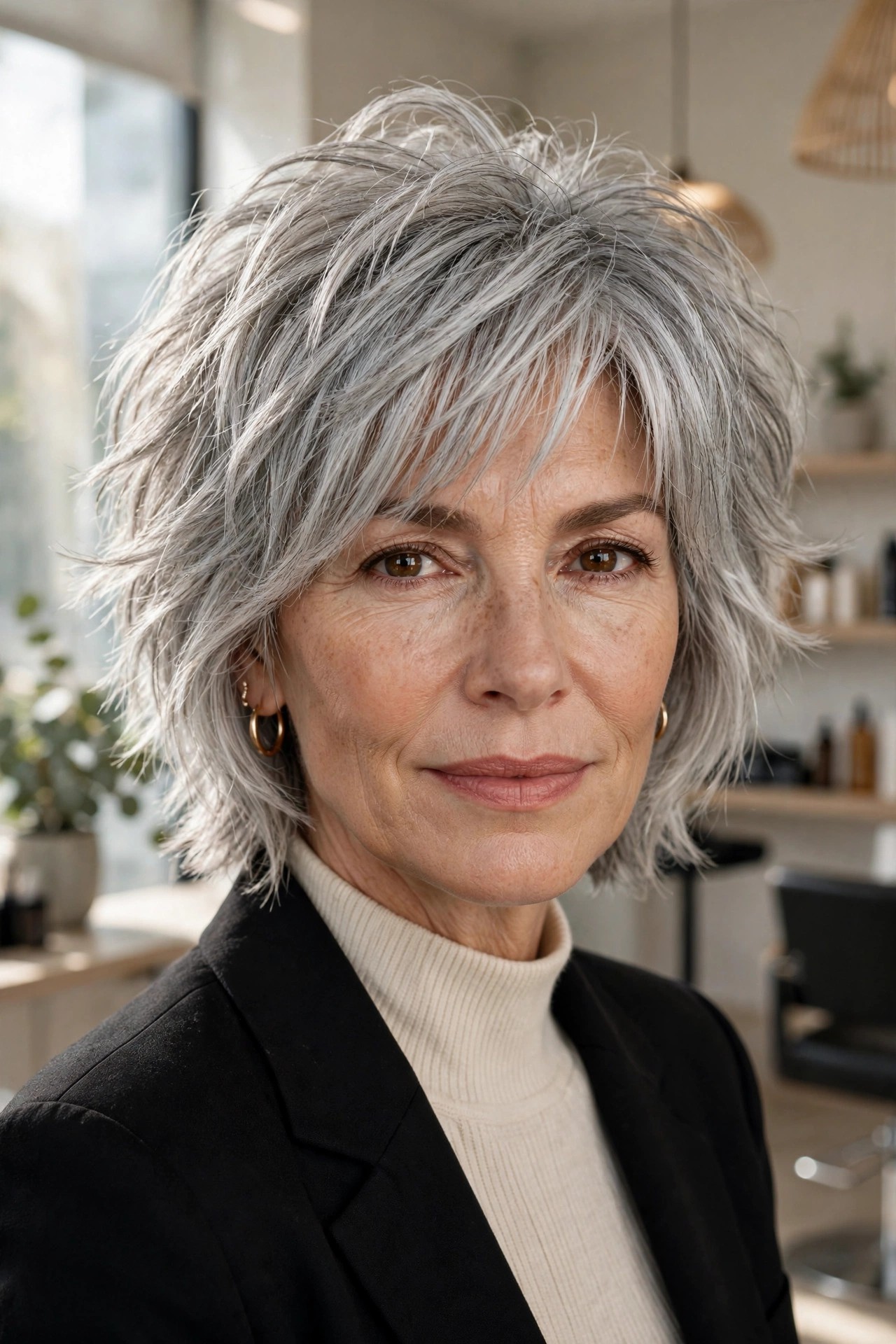 Silver celebration shag showing natural gray hair in textured layers