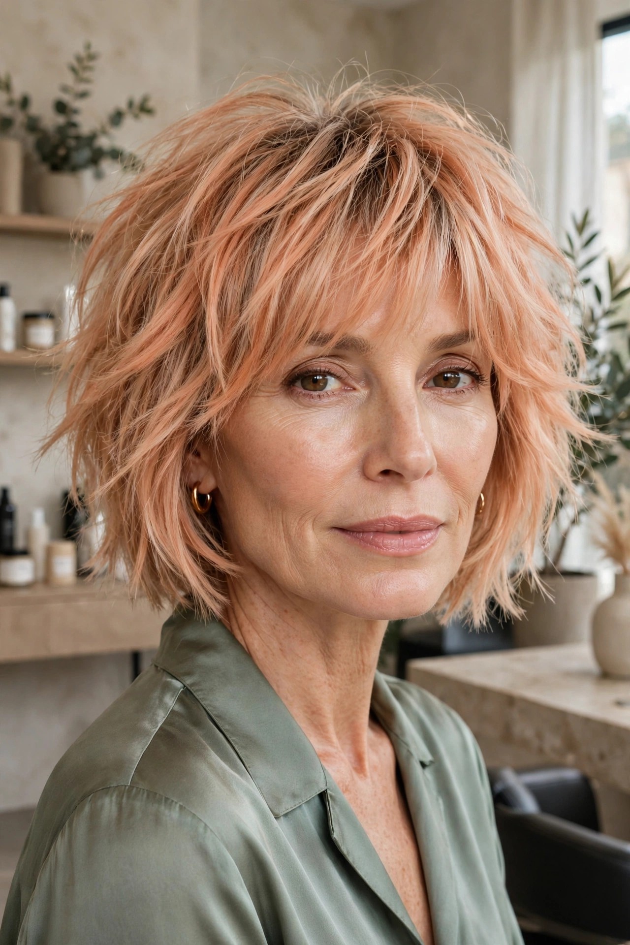 Warm peach shaggy bob with choppy playful layers