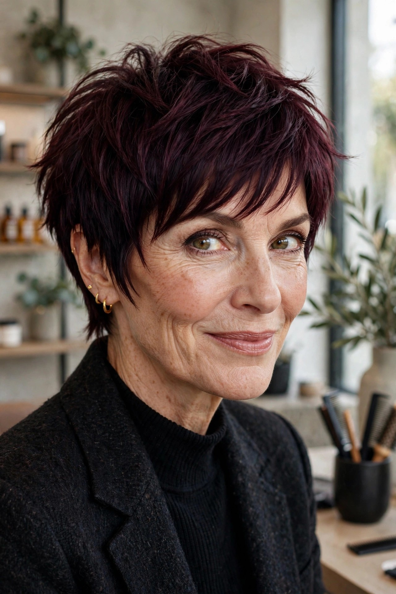 Soft merlot shag pixie with deep wine-dark color