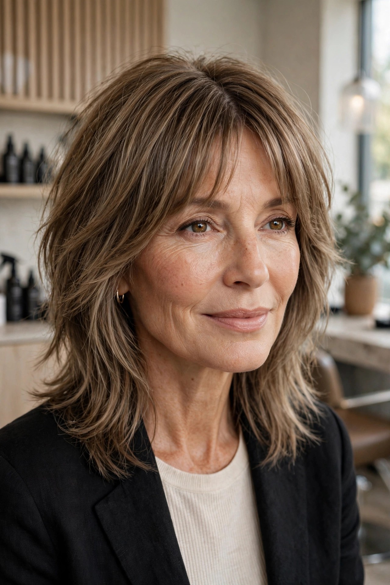 Face-softening curtain shag with softly parted bangs