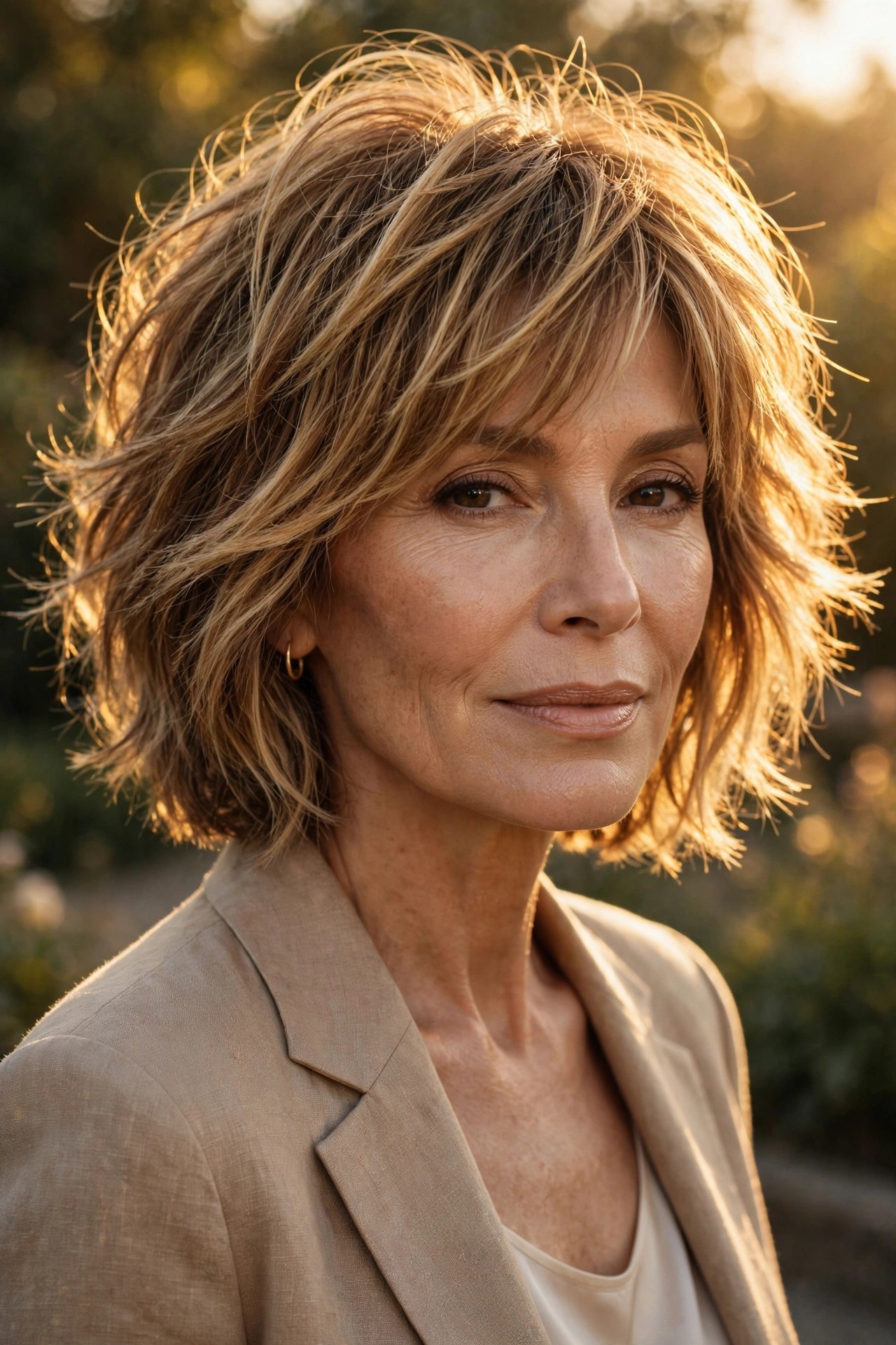 Golden hour shaggy bob with warm golden balayage