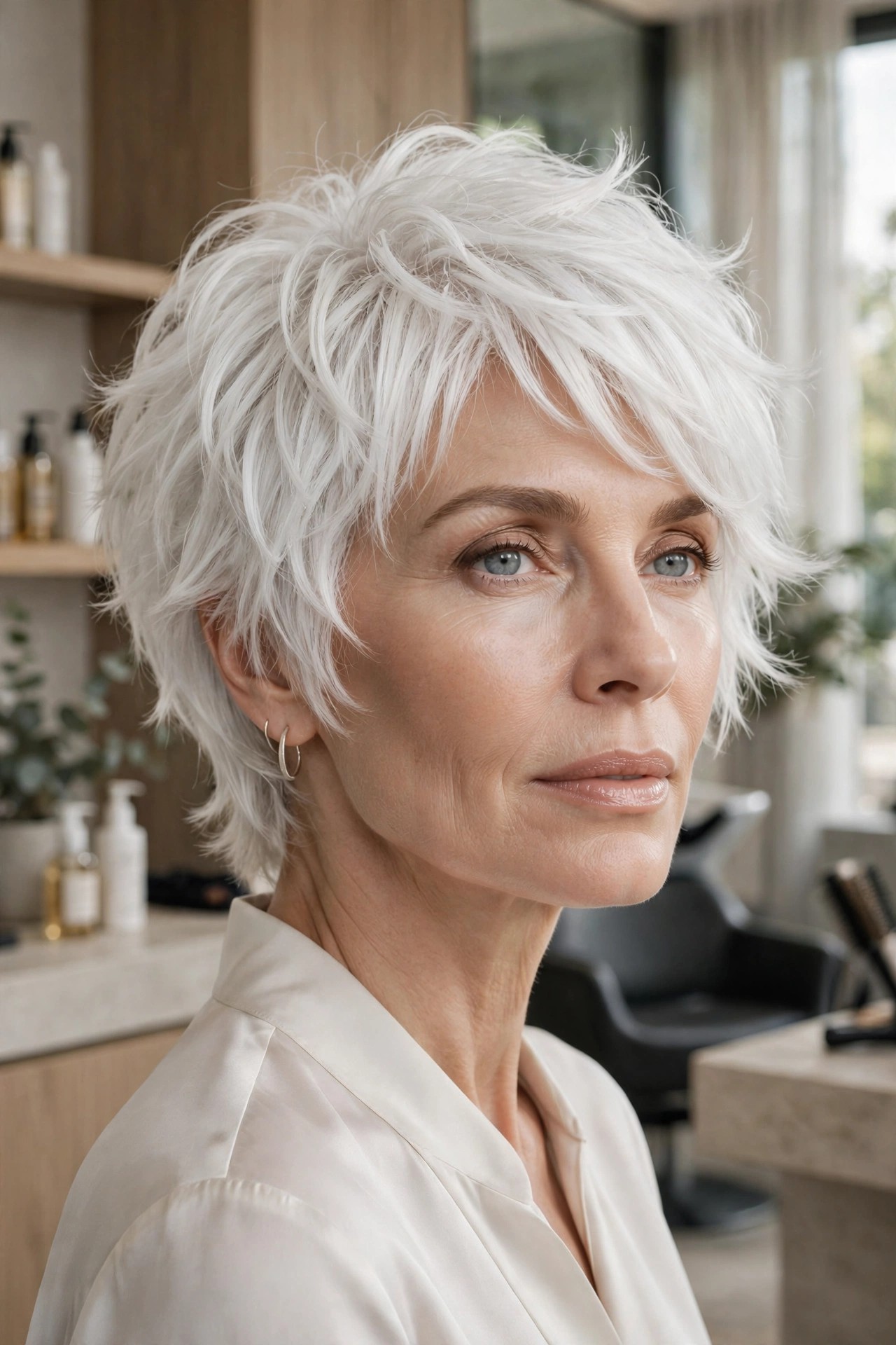 White dove shag with pure white hair and clean layers