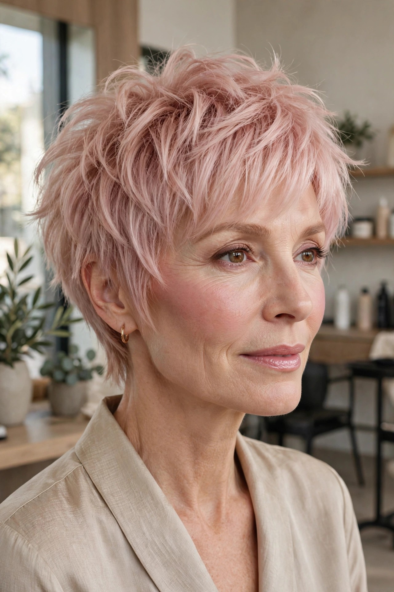 Blush-toned shaggy pixie with soft pink gloss