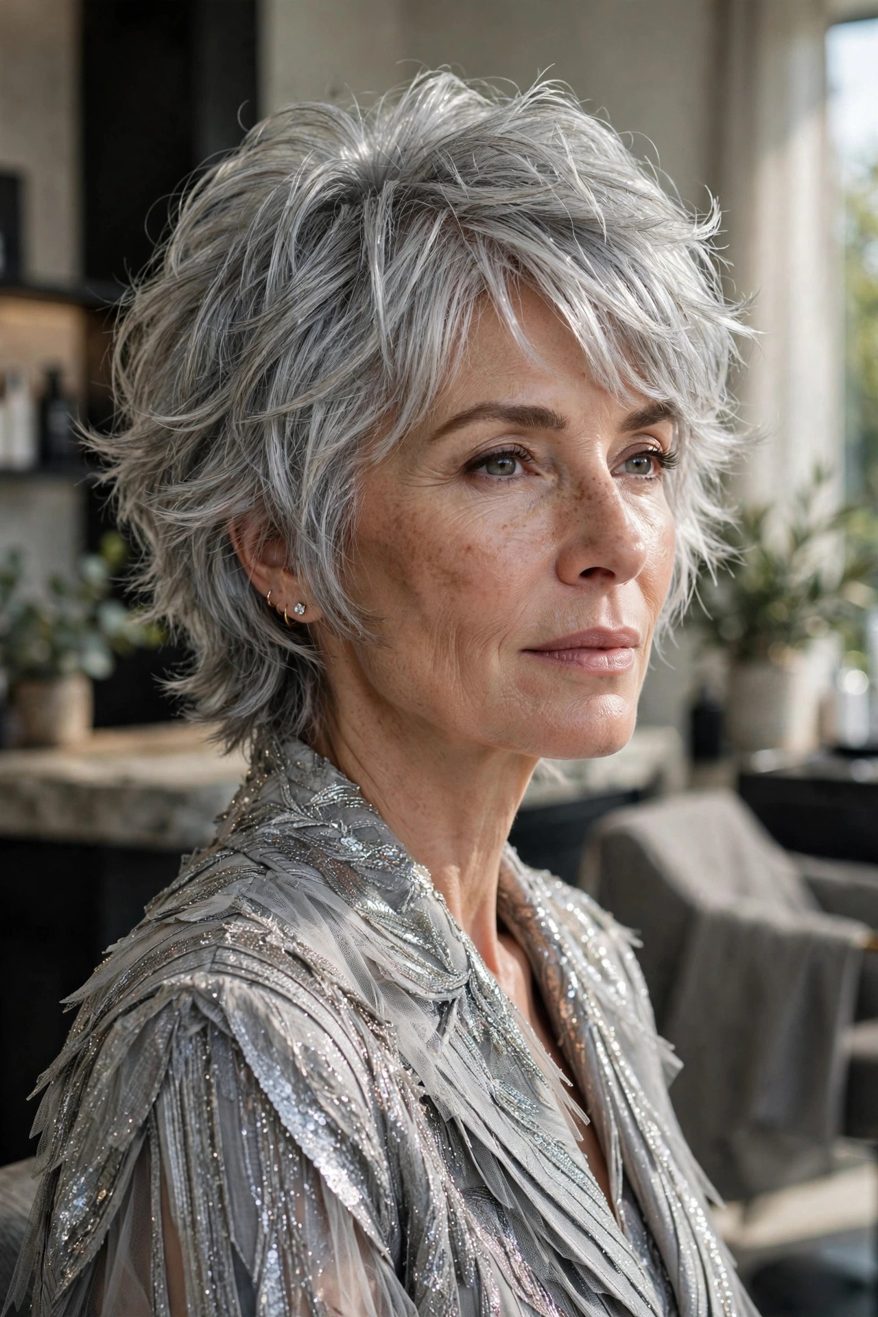 Diamond-dust gray shag with shimmering metallic silver