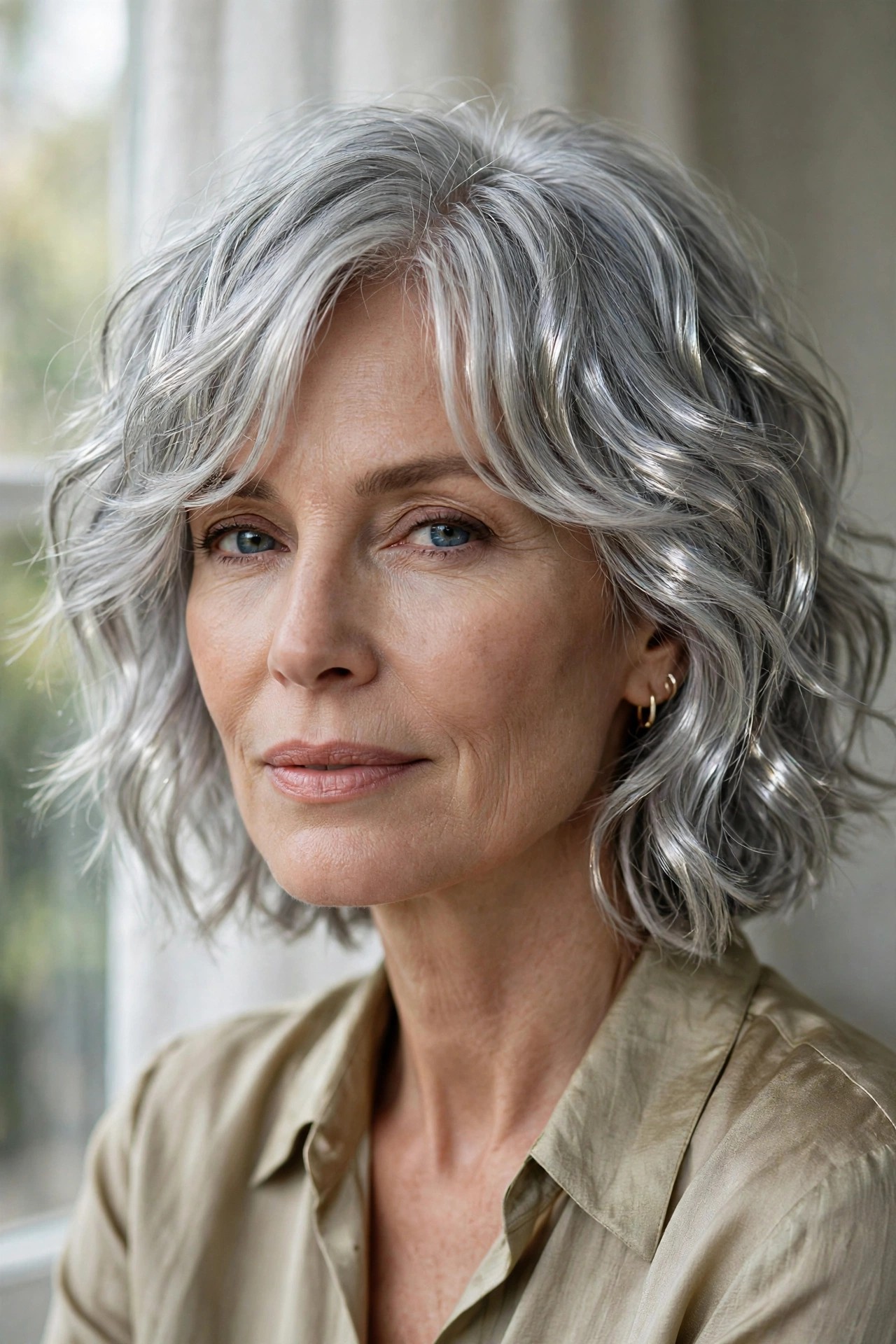 Silver wave shag with natural waves in silver hair