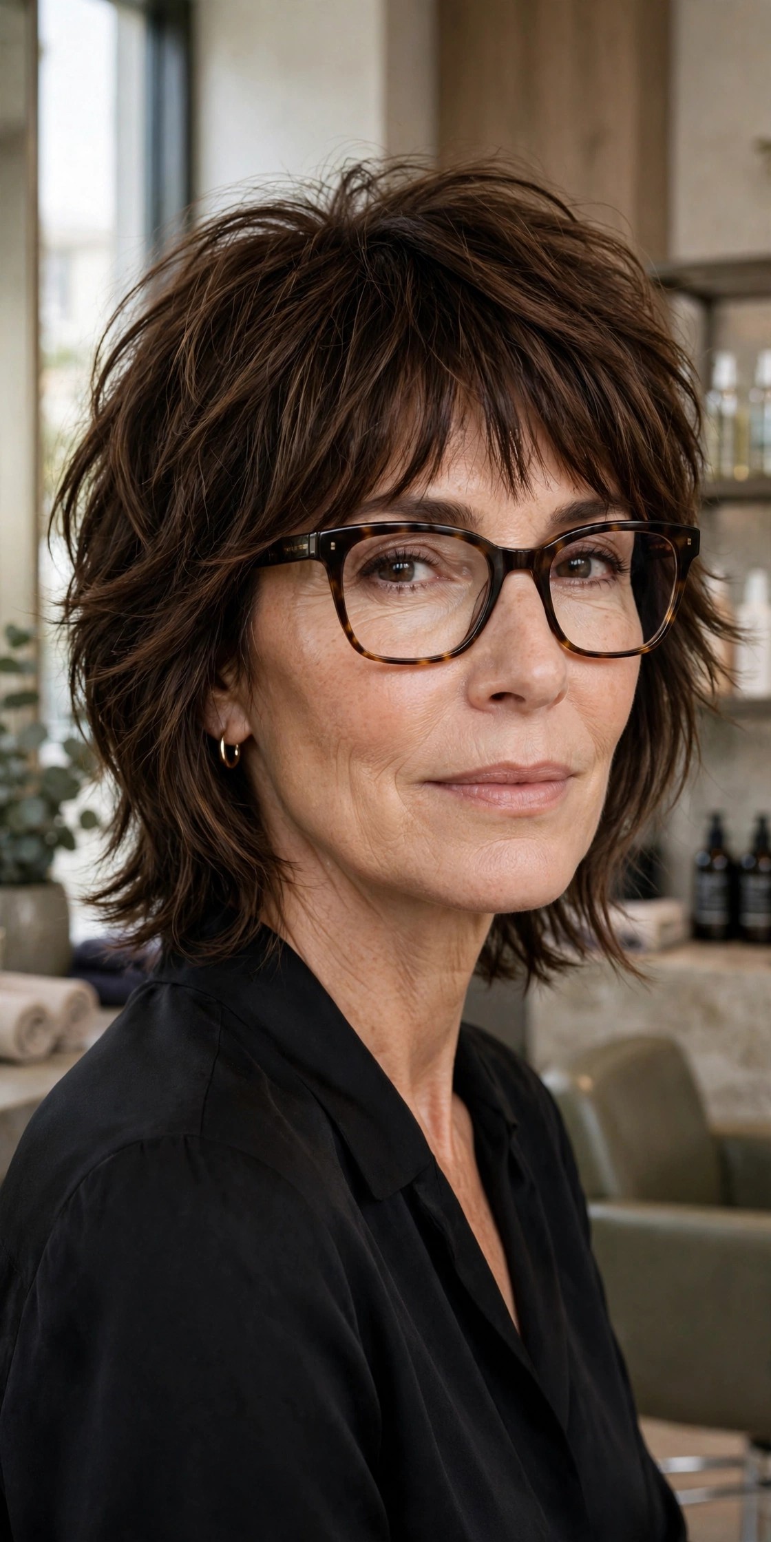 Glasses-friendly fringe shag worn with stylish eyeglasses