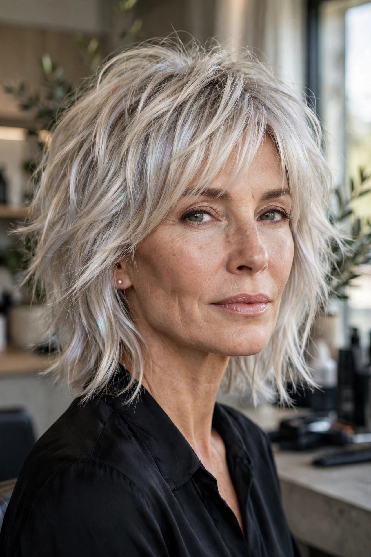 Pearlescent blonde shag with opalescent blonde-gray tone