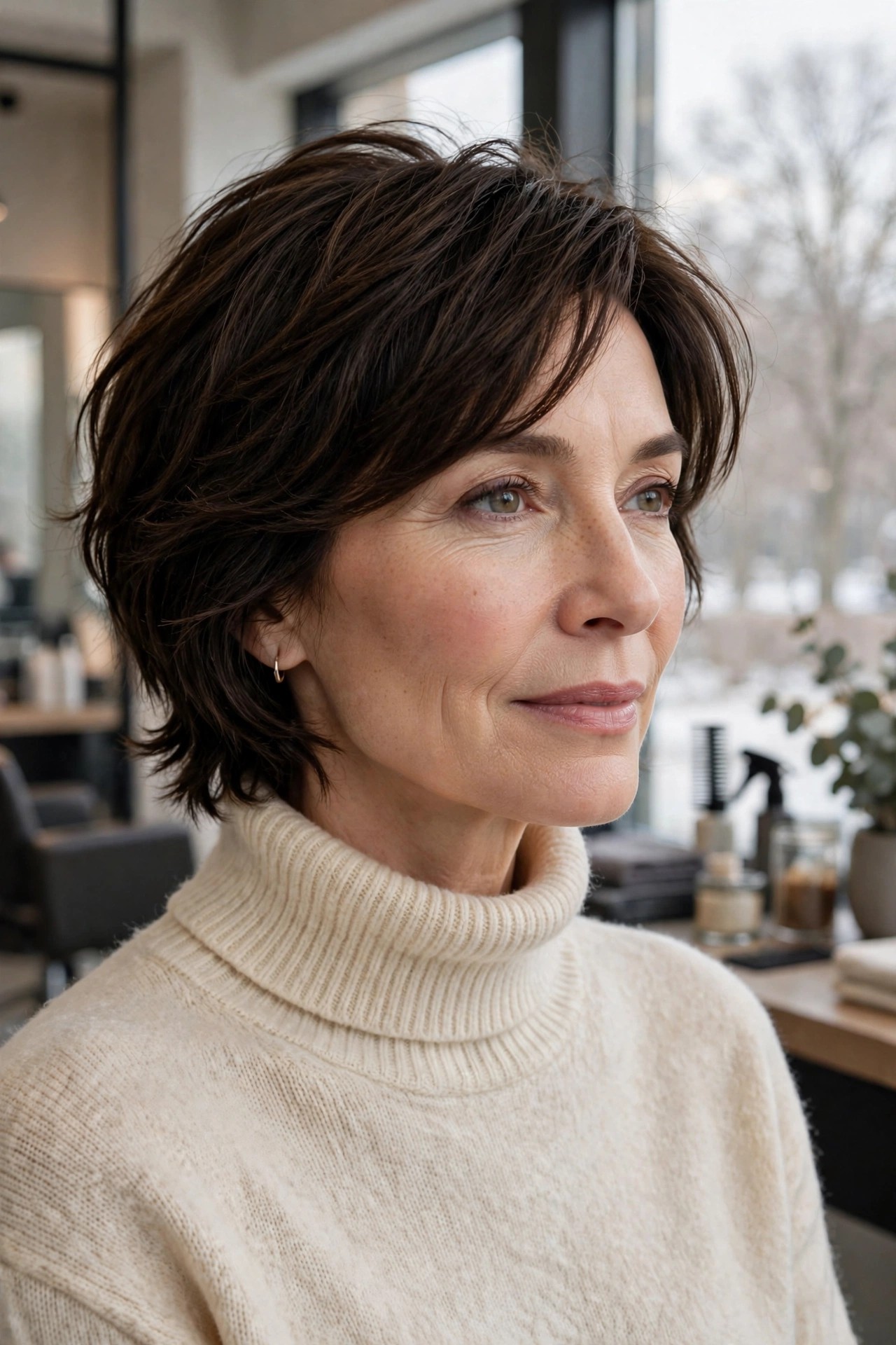 Cozy turtleneck shag with nape-skimming layers