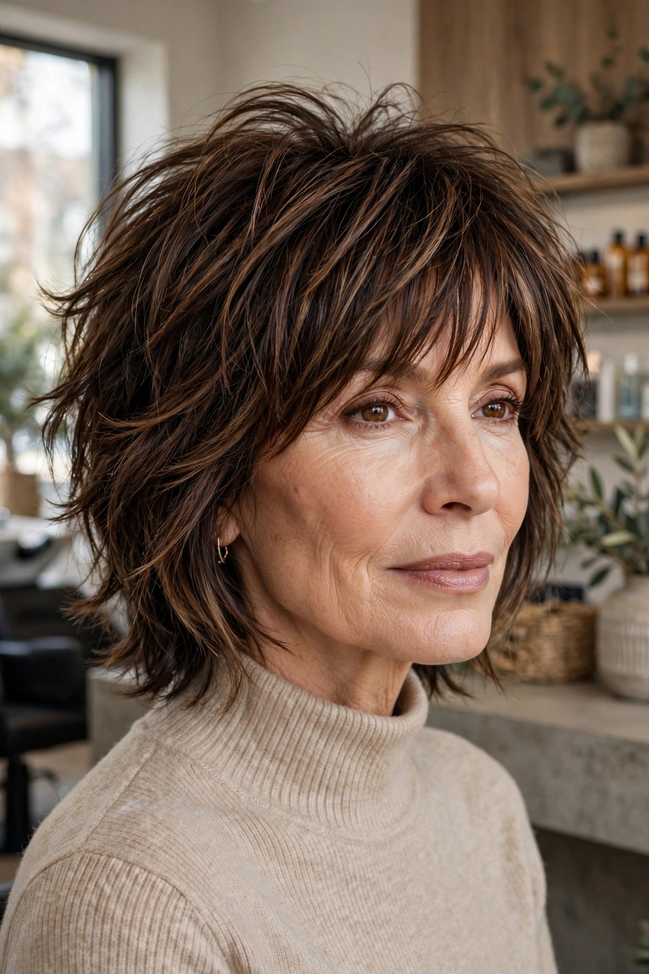 Dimensional brunette shag with multi-tonal brown color