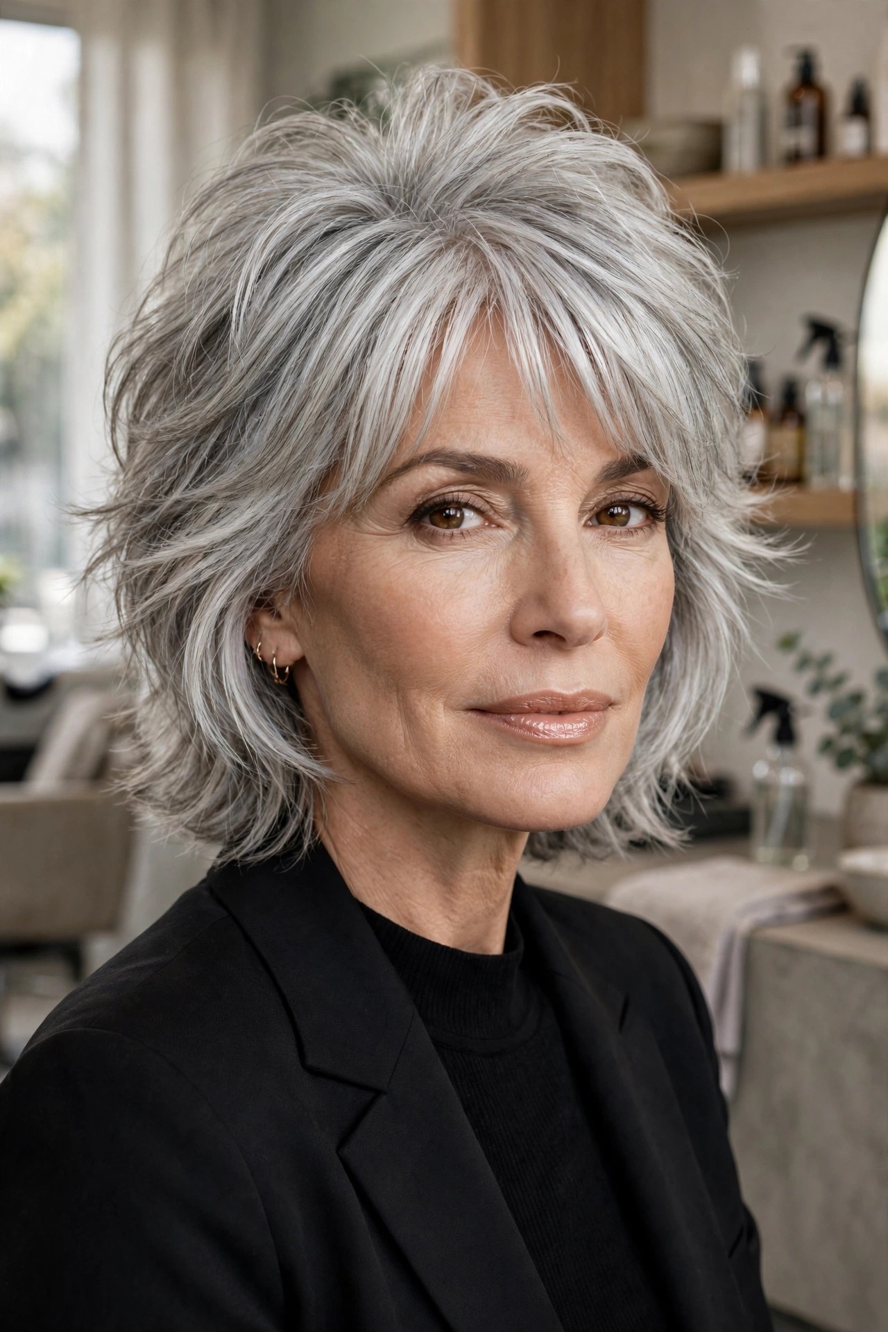 Signature silver shag with crown lift and soft fringe