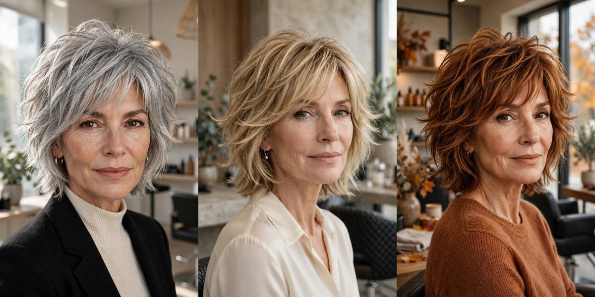 Three short shag haircuts for women over 50: silver shag, wheat-blonde feathered shag, and cinnamon spice shag