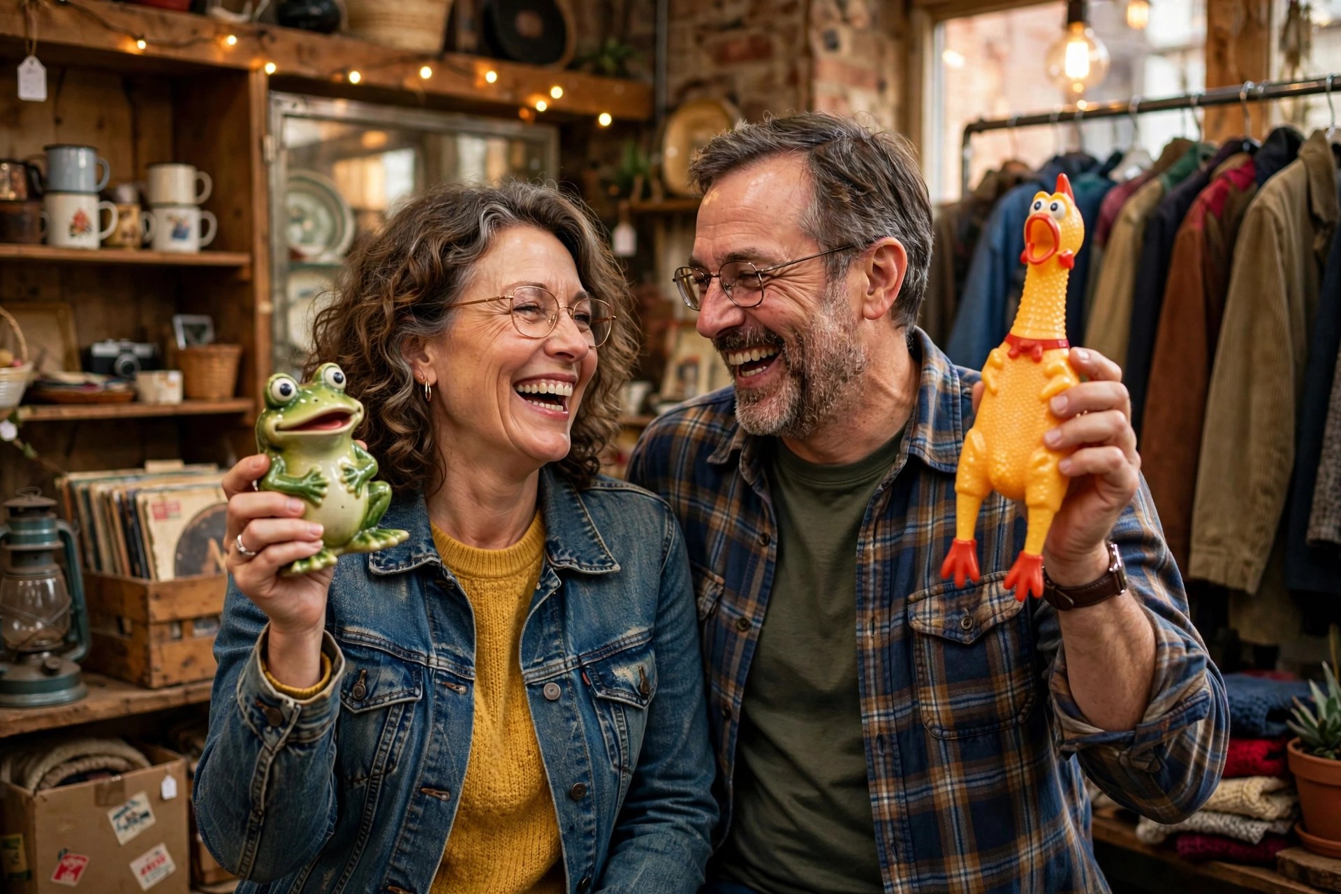 Mature couple laughing in a thrift store holding up vintage finds