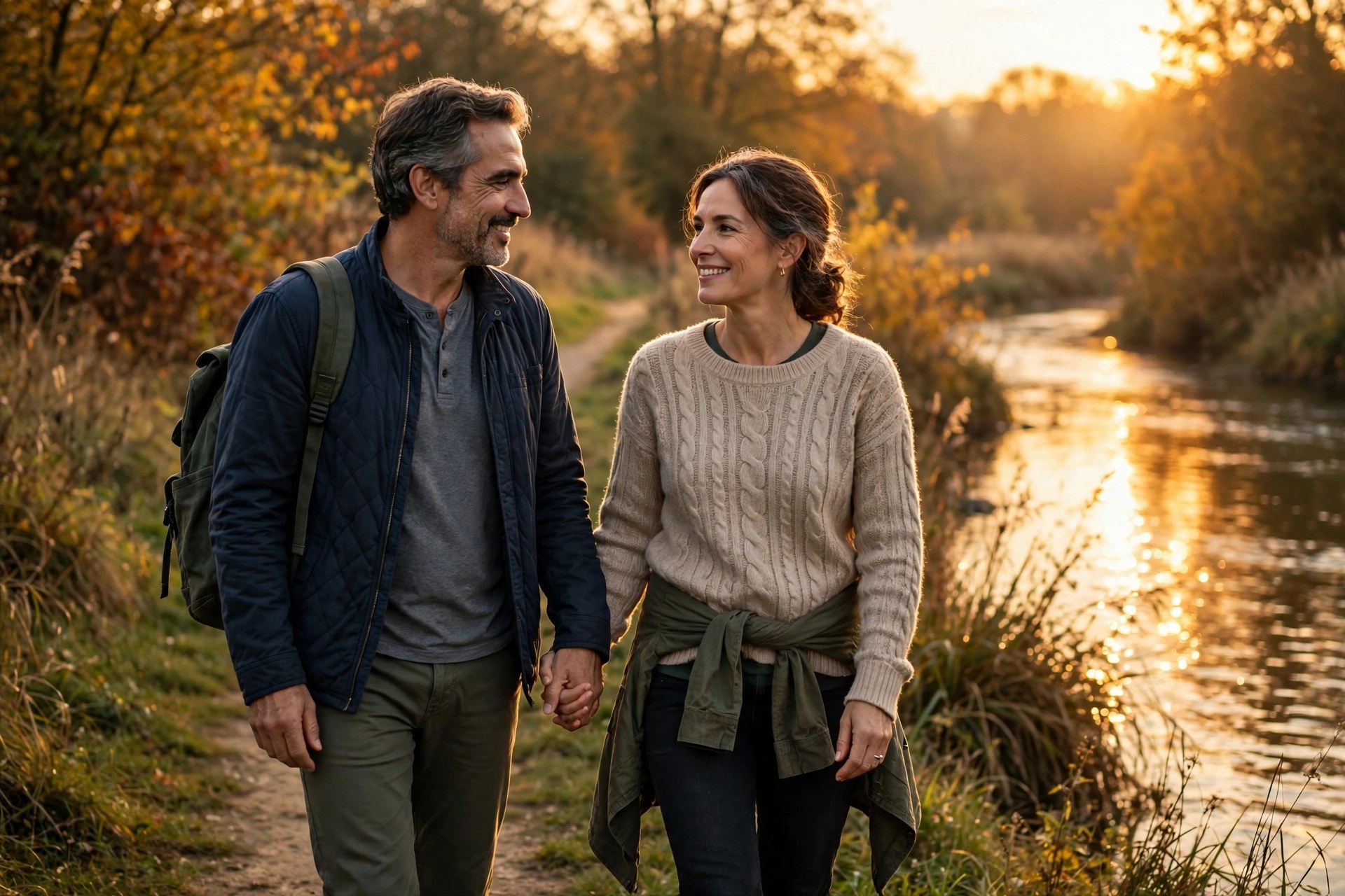 Mature couple walking hand in hand along a river path at sunset