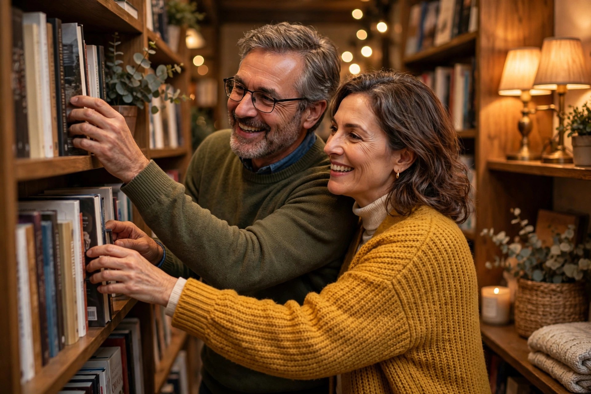 Mature couple browsing books together in a cozy bookstore