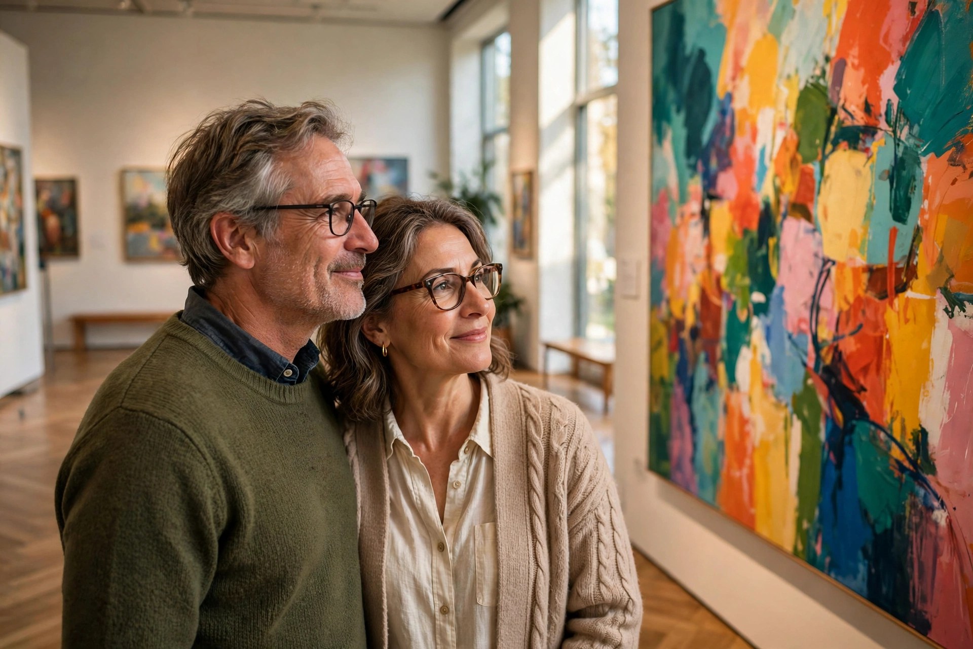 Mature couple admiring a colorful painting in a free museum gallery