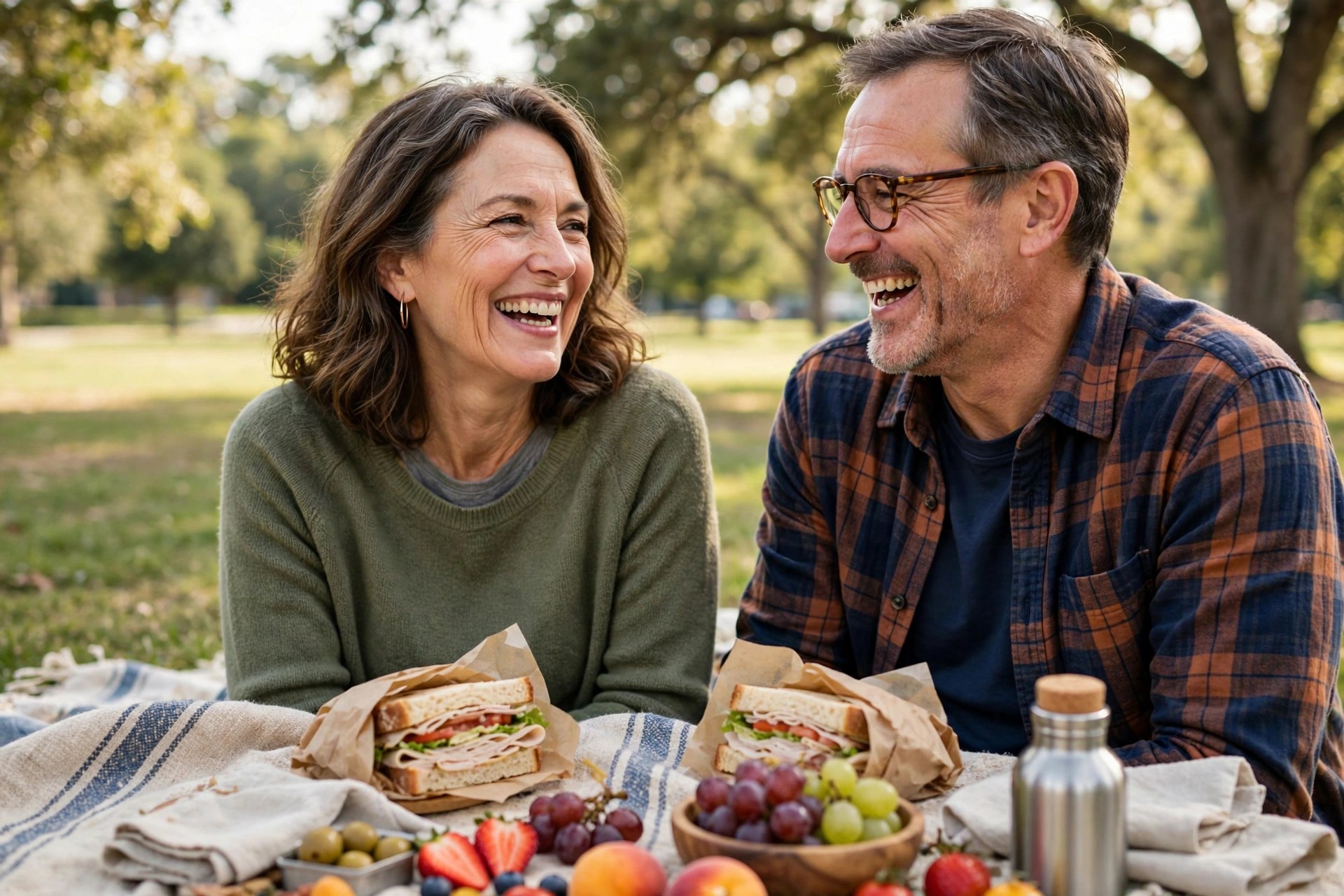 Mature couple having a simple deli picnic on a blanket in the park