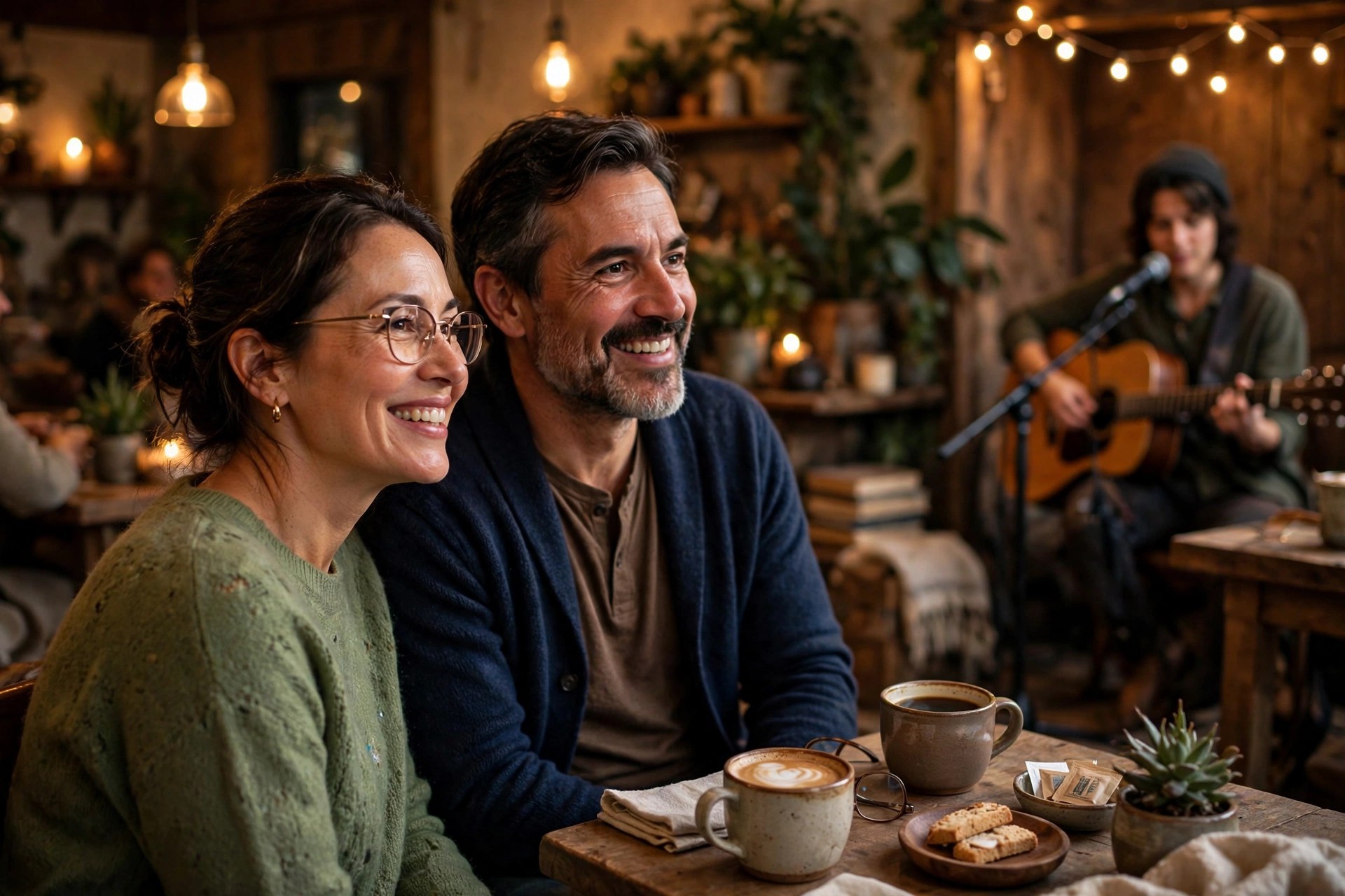 Mature couple at a cozy open-mic night cafe with coffee