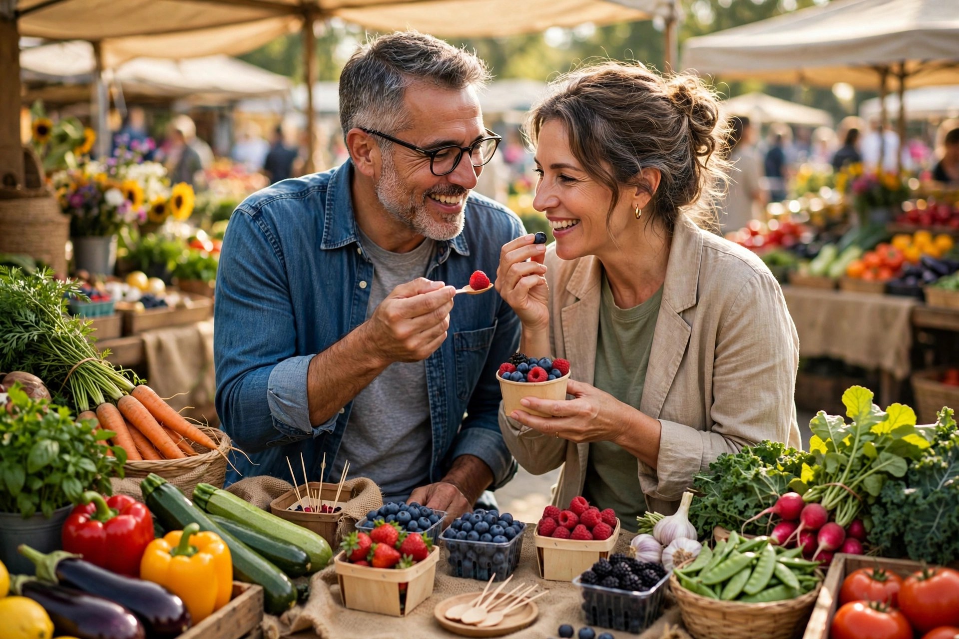 Mature couple sampling fresh produce at a farmers market