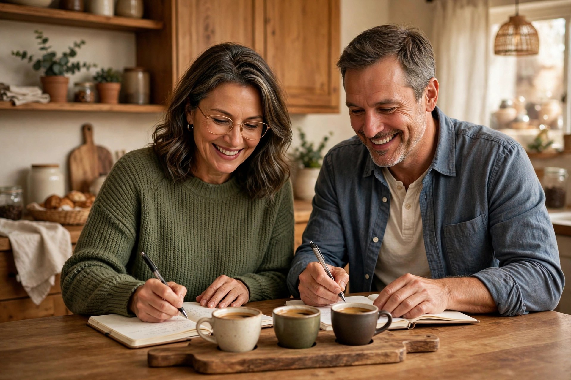 Mature couple doing a coffee tasting flight at home