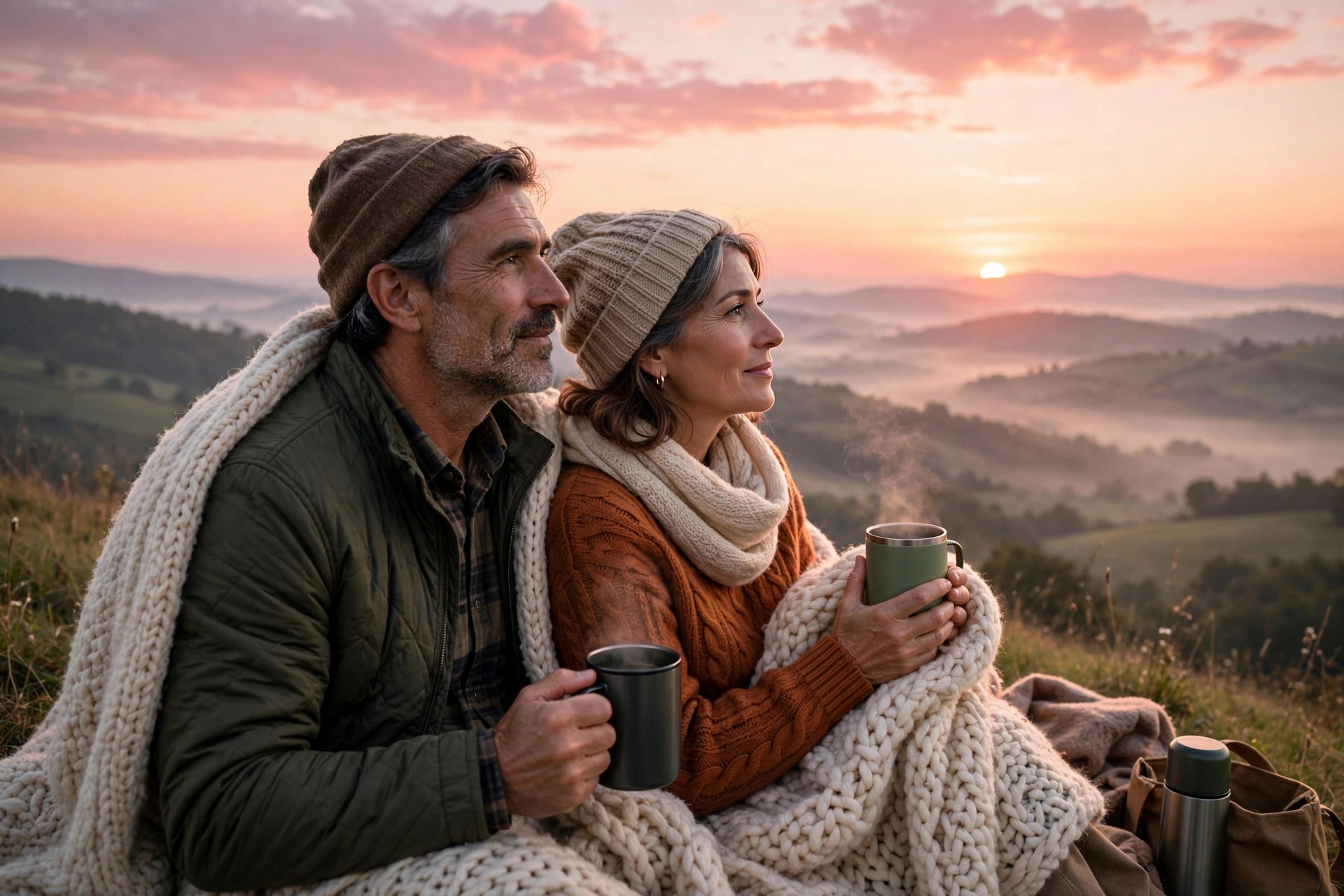 Mature couple watching sunrise from a hilltop with coffee thermoses