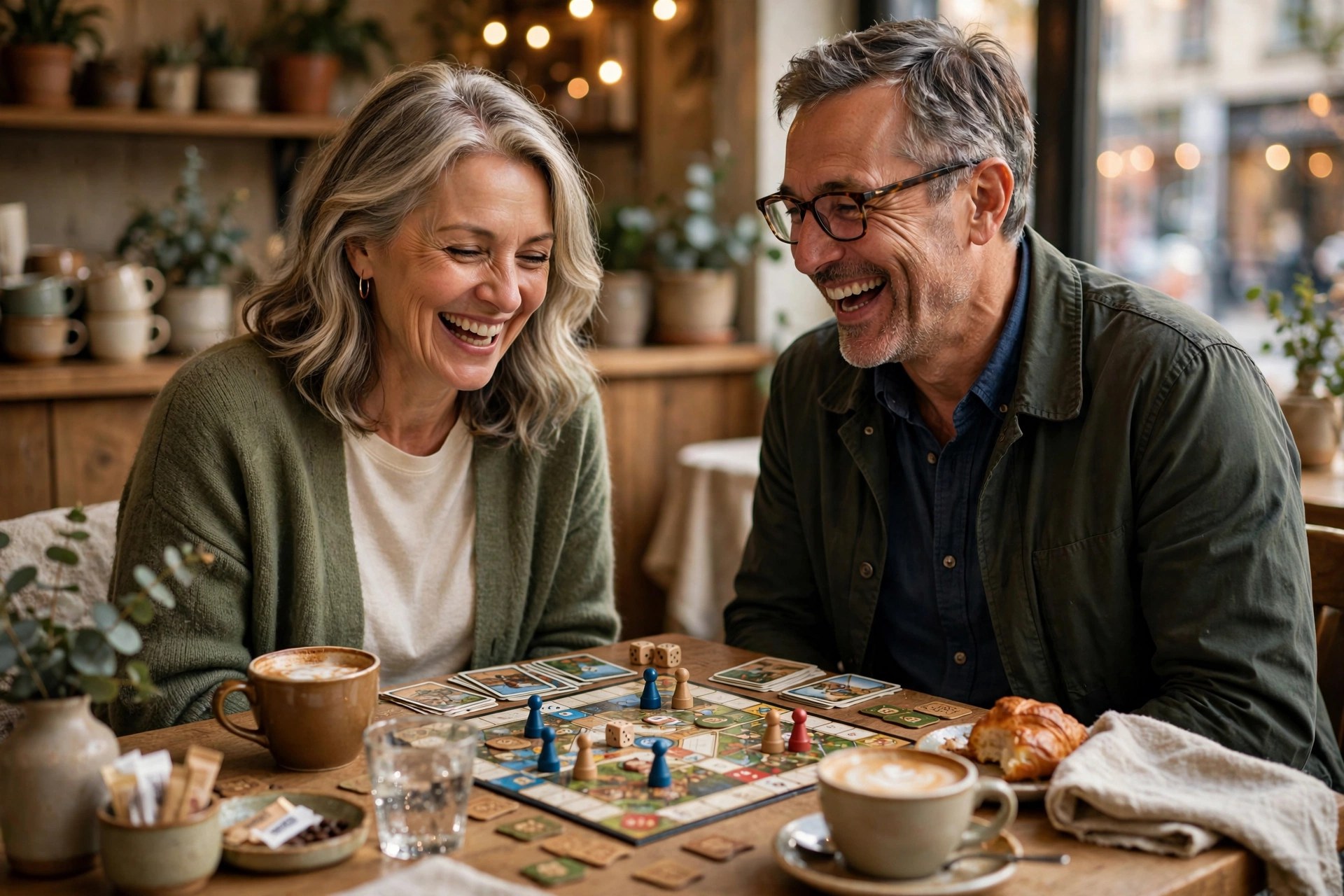 Mature couple playing a board game in a cozy cafe