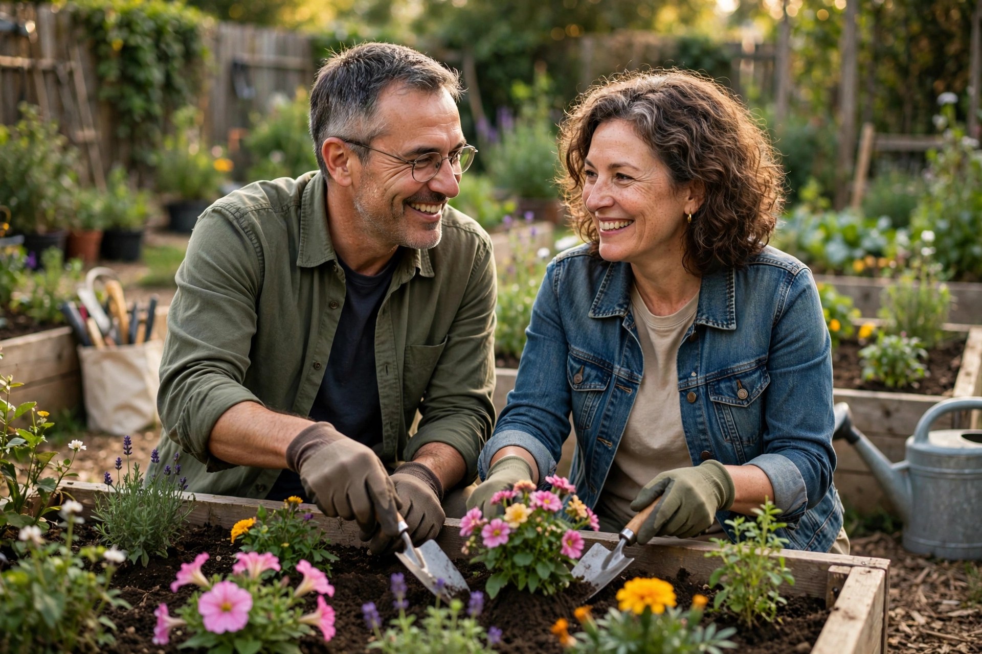 Mature couple volunteering planting flowers in a community garden