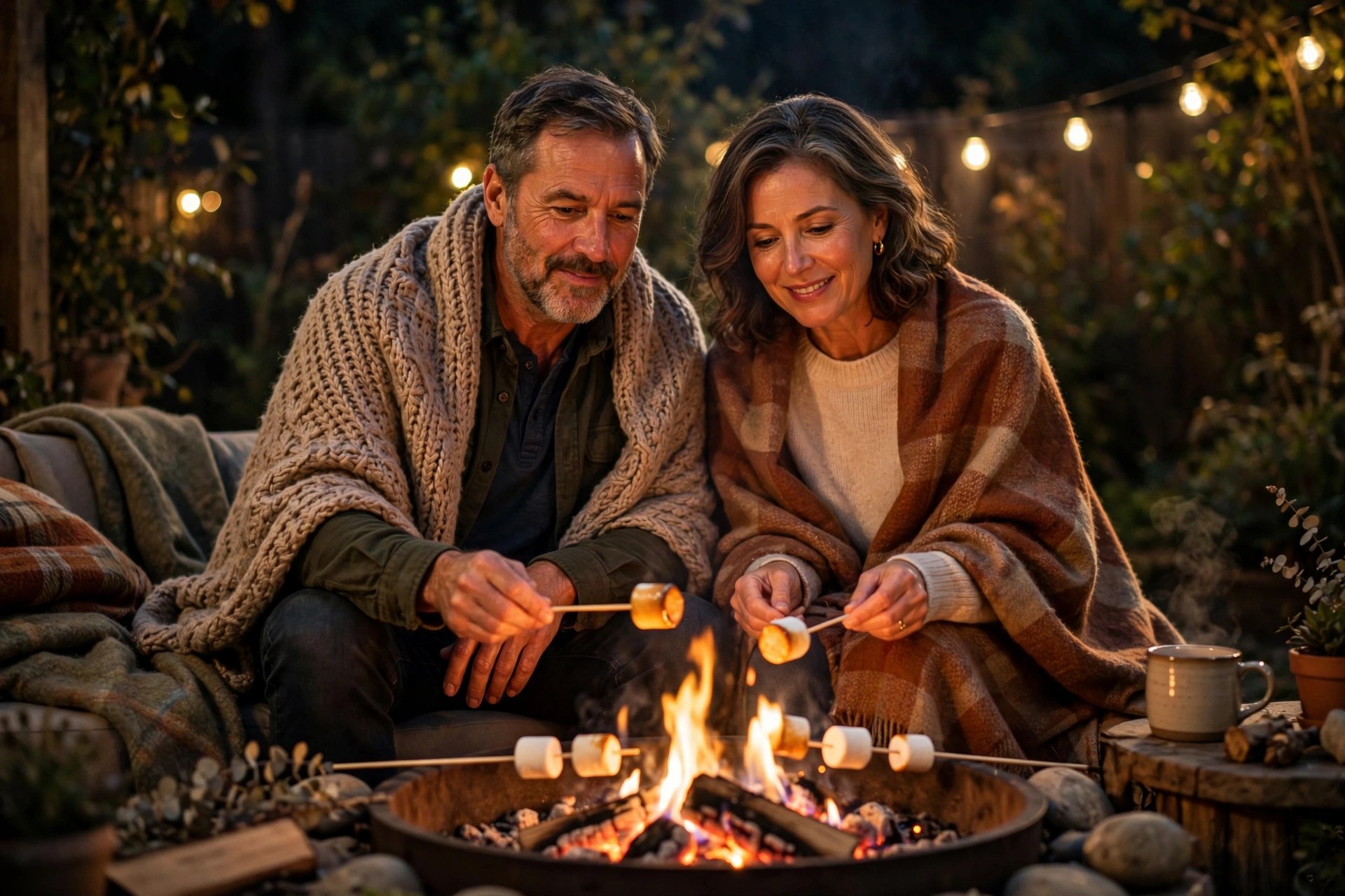 Mature couple roasting marshmallows over a backyard fire pit at night