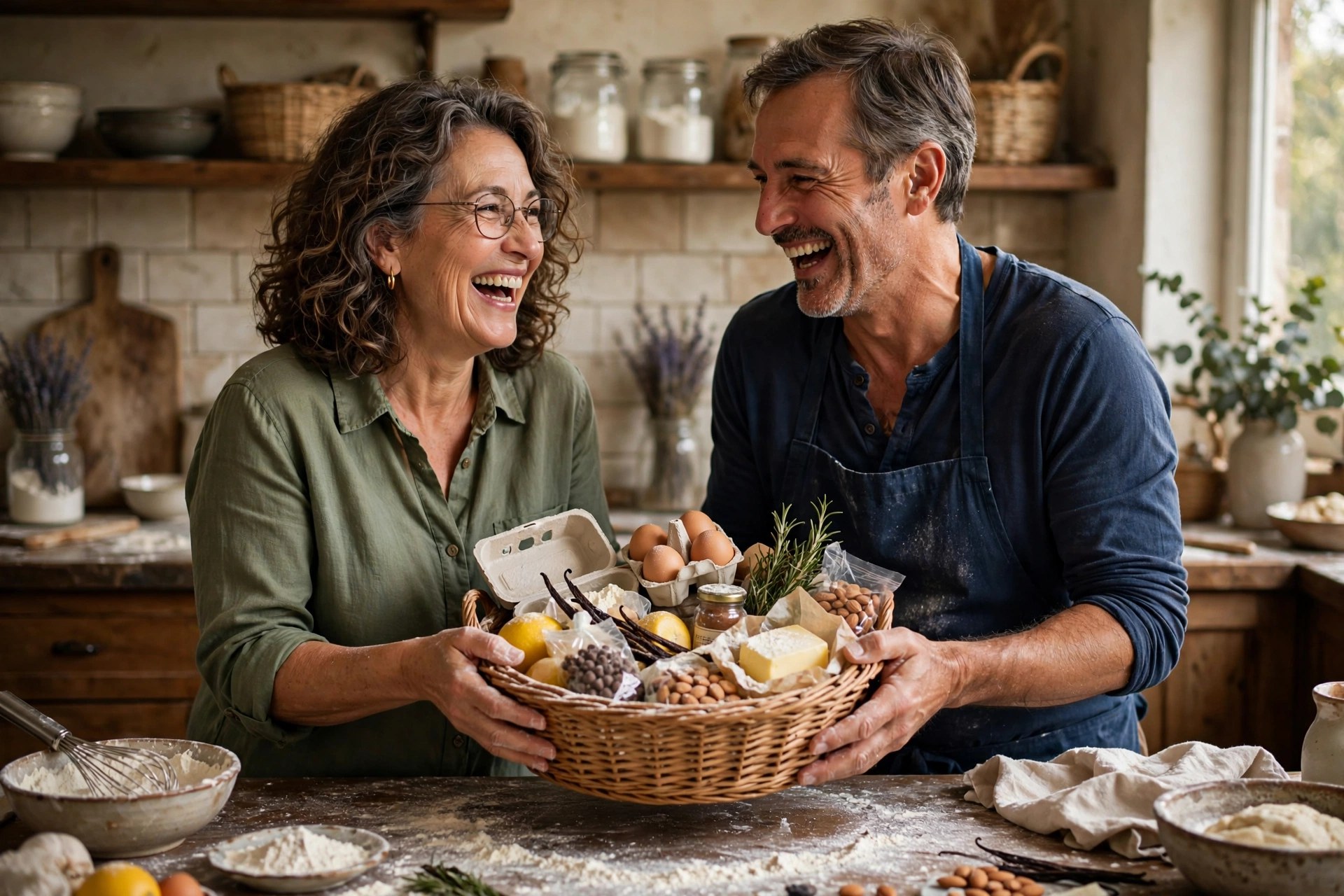 Mature couple in a flour-dusted kitchen with a mystery bake-off basket