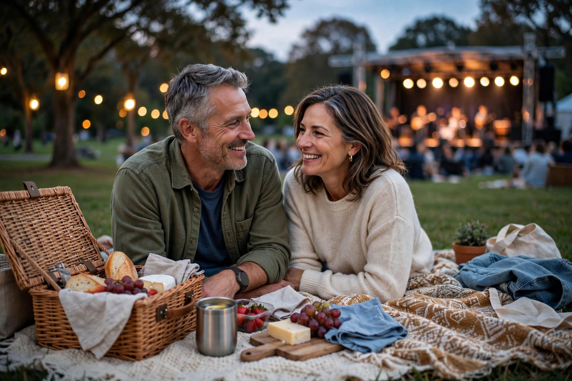 Mature couple on a blanket at a free outdoor concert in the park
