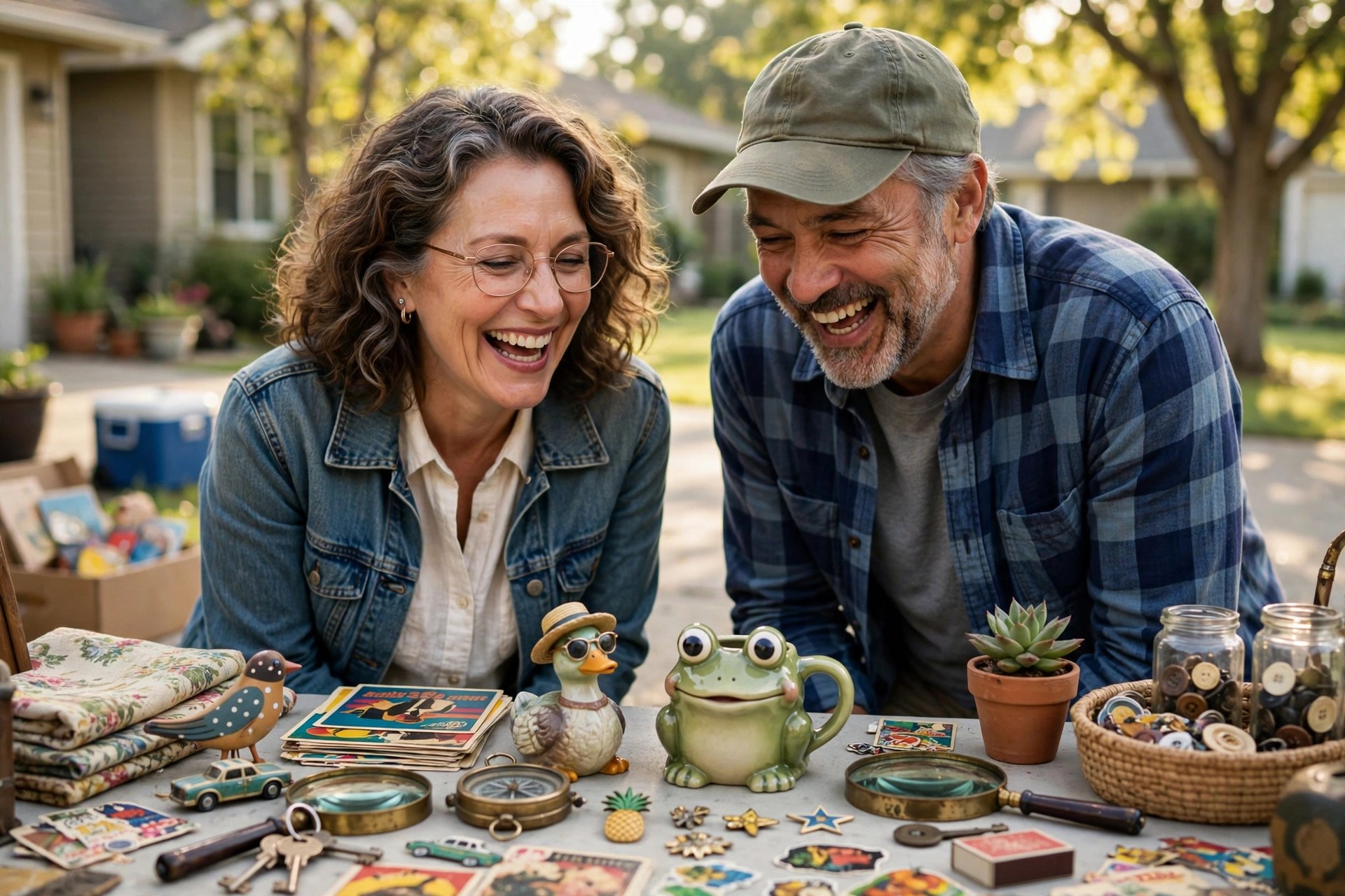 Mature couple browsing a yard sale table full of quirky treasures